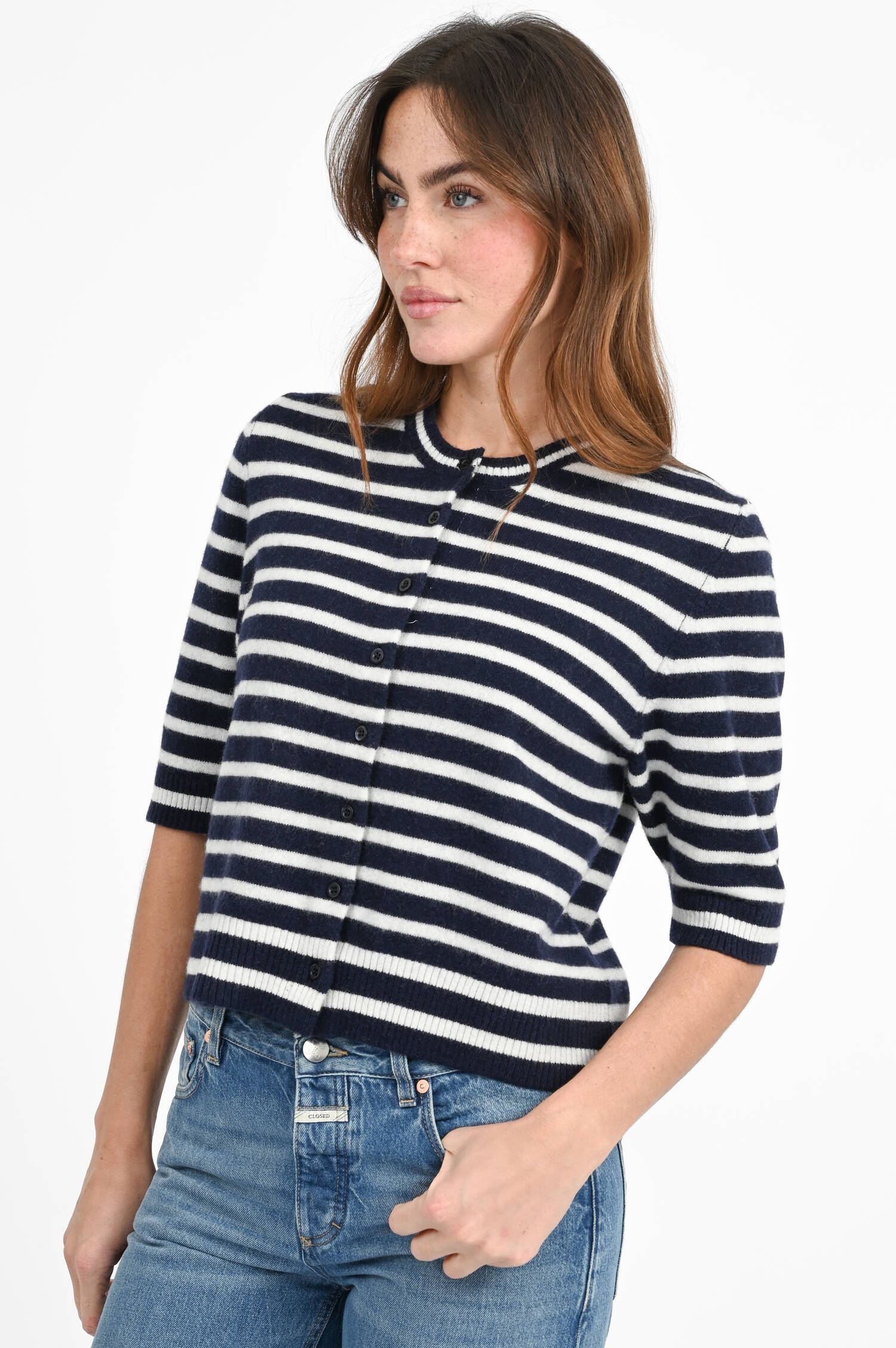 Woll Strickweste mit Streifen in Navy/White Woll Strickweste mit Streifen in Navy/White