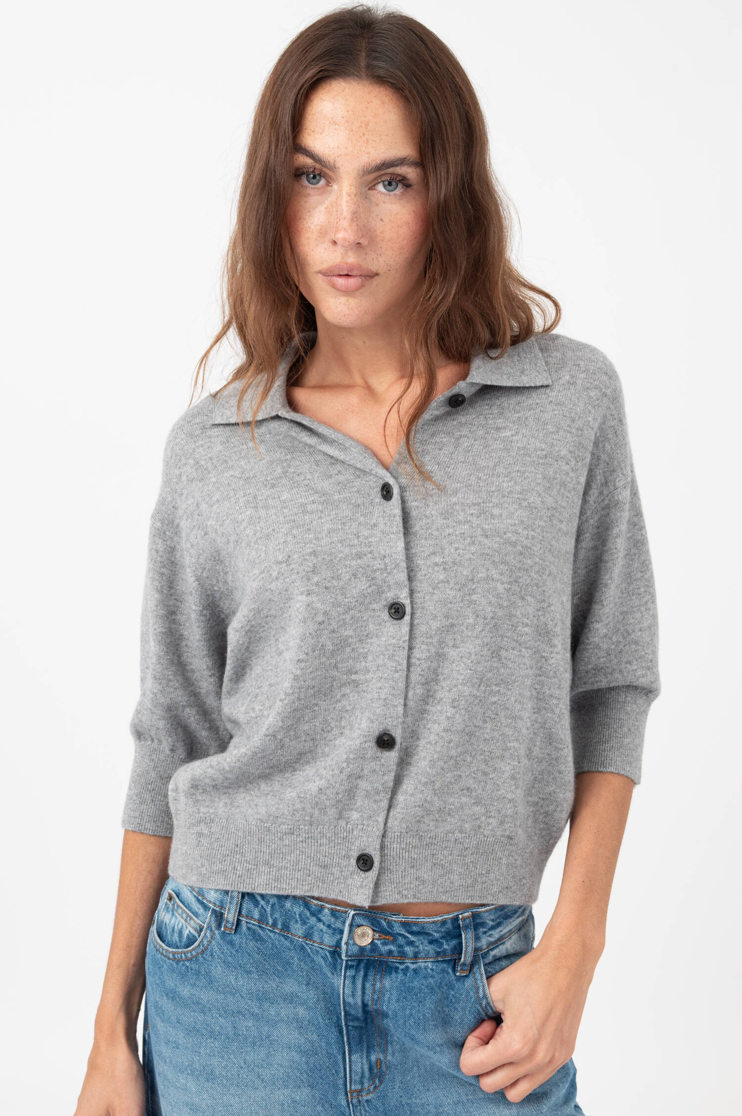 Polo-Cardigan MELINA in Grau meliert