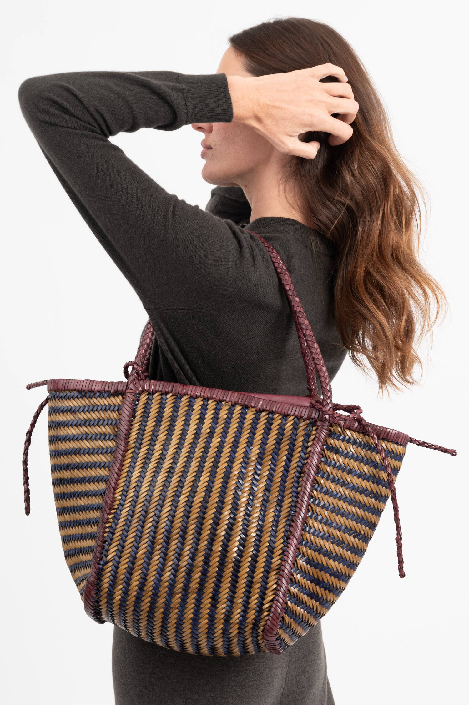 Geflochtener Leder Shopper RUBENS in Oliv/Blau