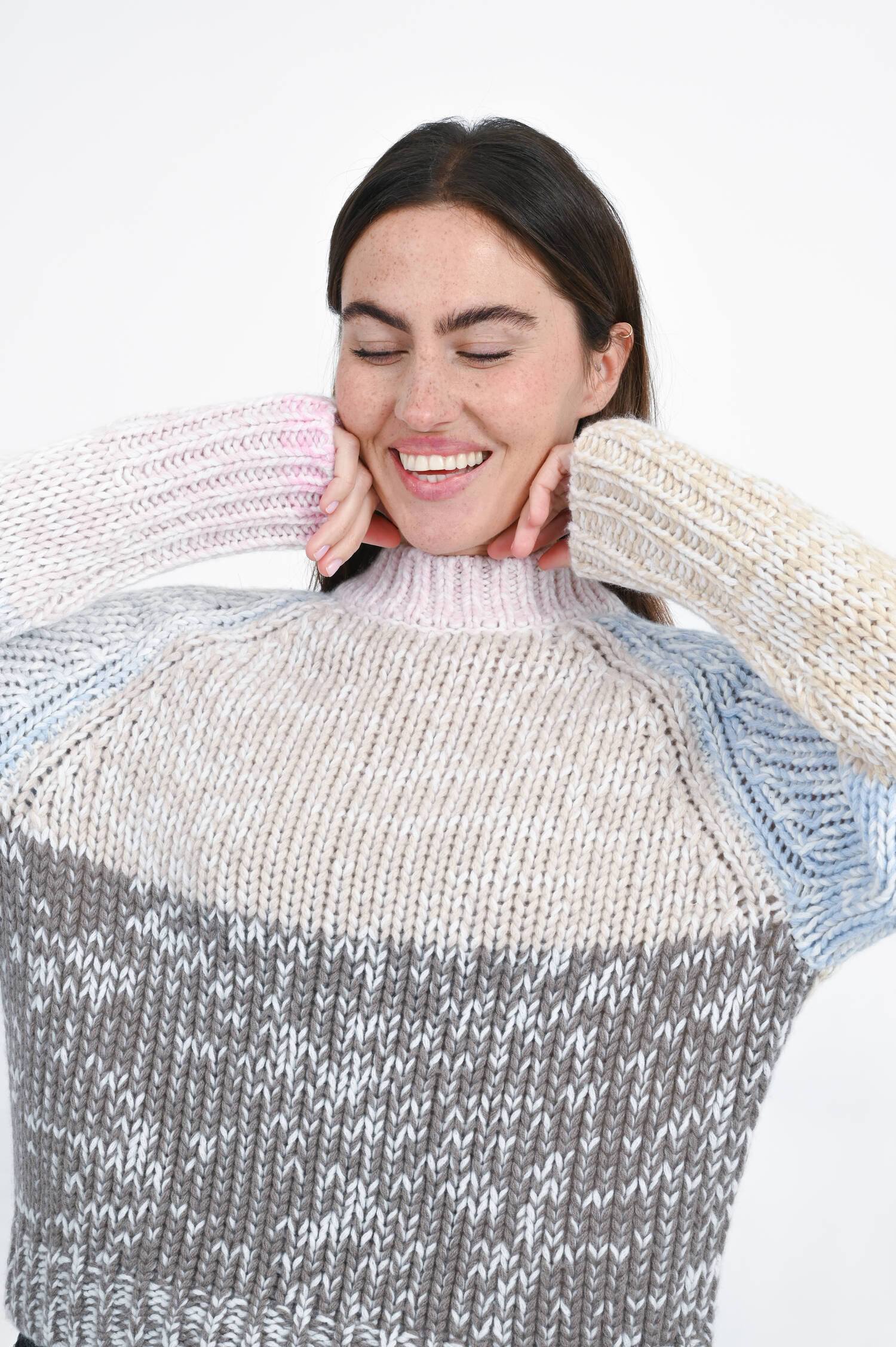 Cashmere-Strickpullover in Rosa/Blau/Beige