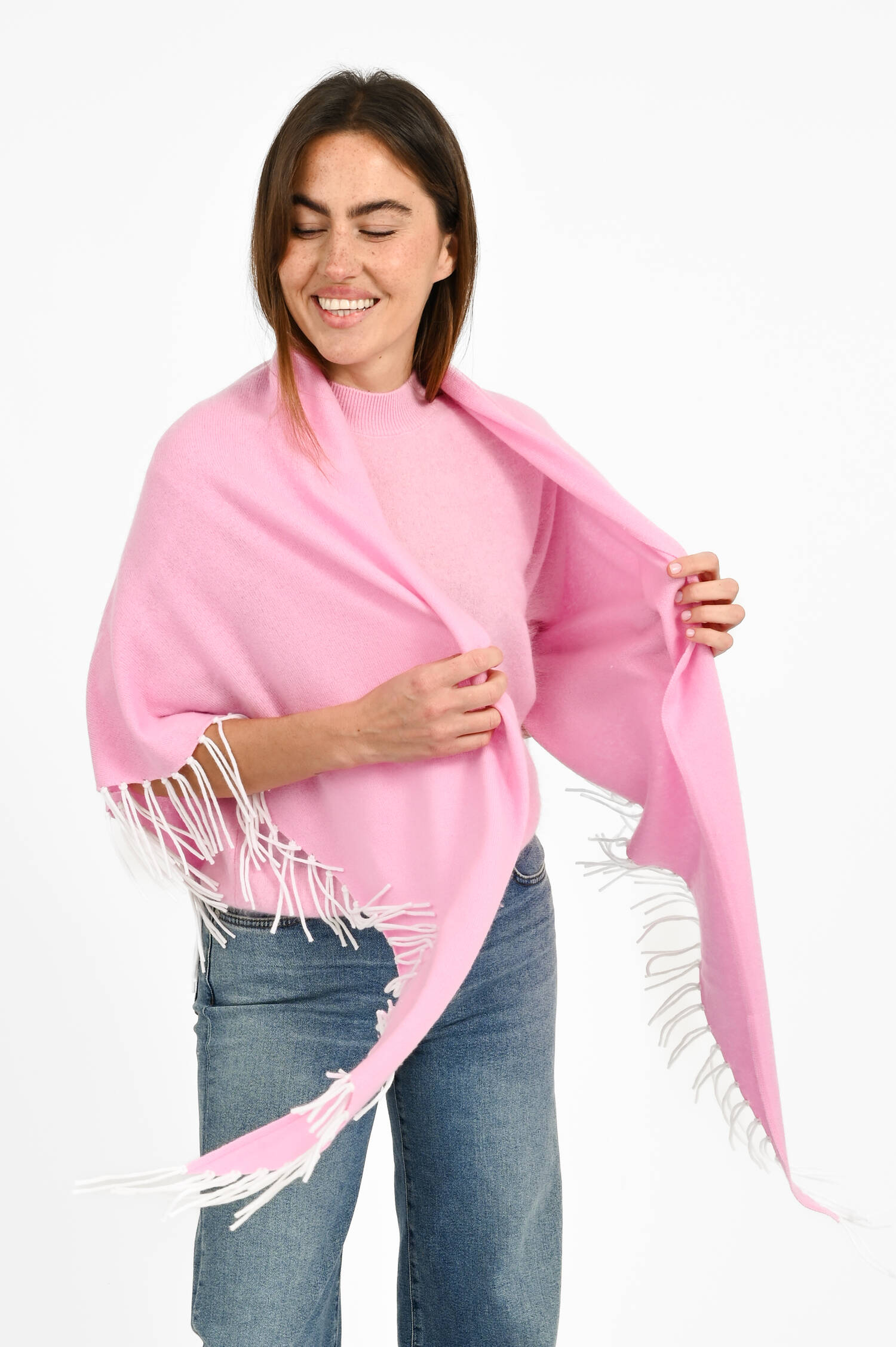 Dreieckstuch mit Fransen in Weiß/Pink