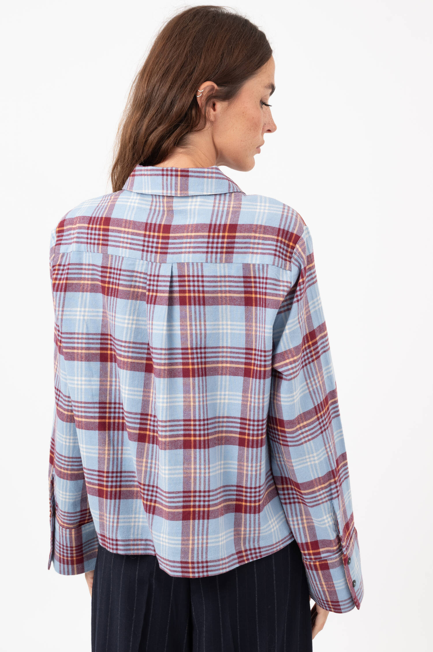 Karo Flannel Bluse mit Volants in Hellblau/Burgund