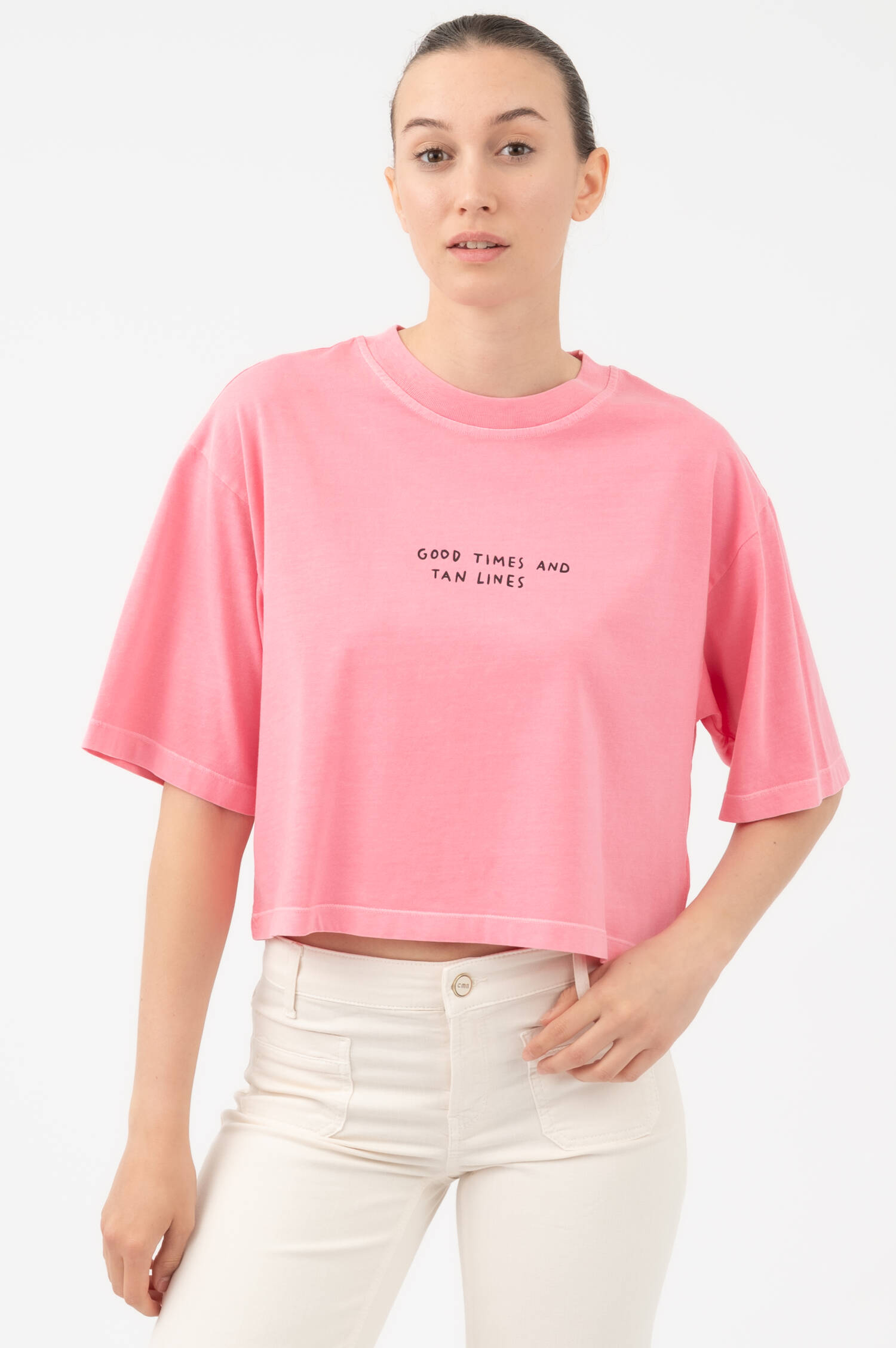 Cropped Boxy T-Shirt GOOD TIMES in Peonypink Cropped Boxy T-Shirt GOOD TIMES in Peonypink