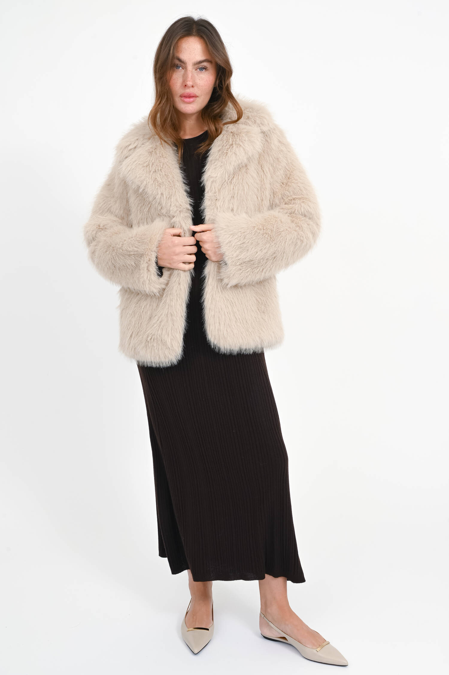 Faux Fur Jacke REIMS mit Revers in Sandstein