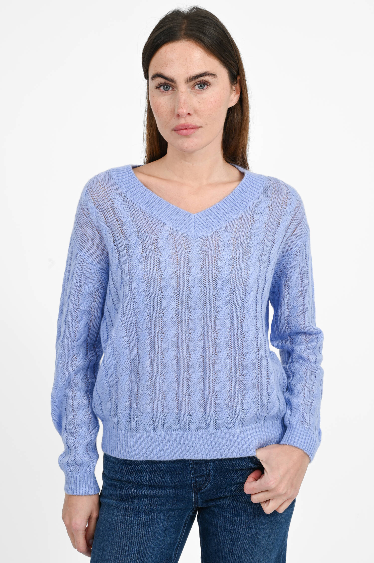 Zopfstrick-Pullover mit V-Neck in Blue