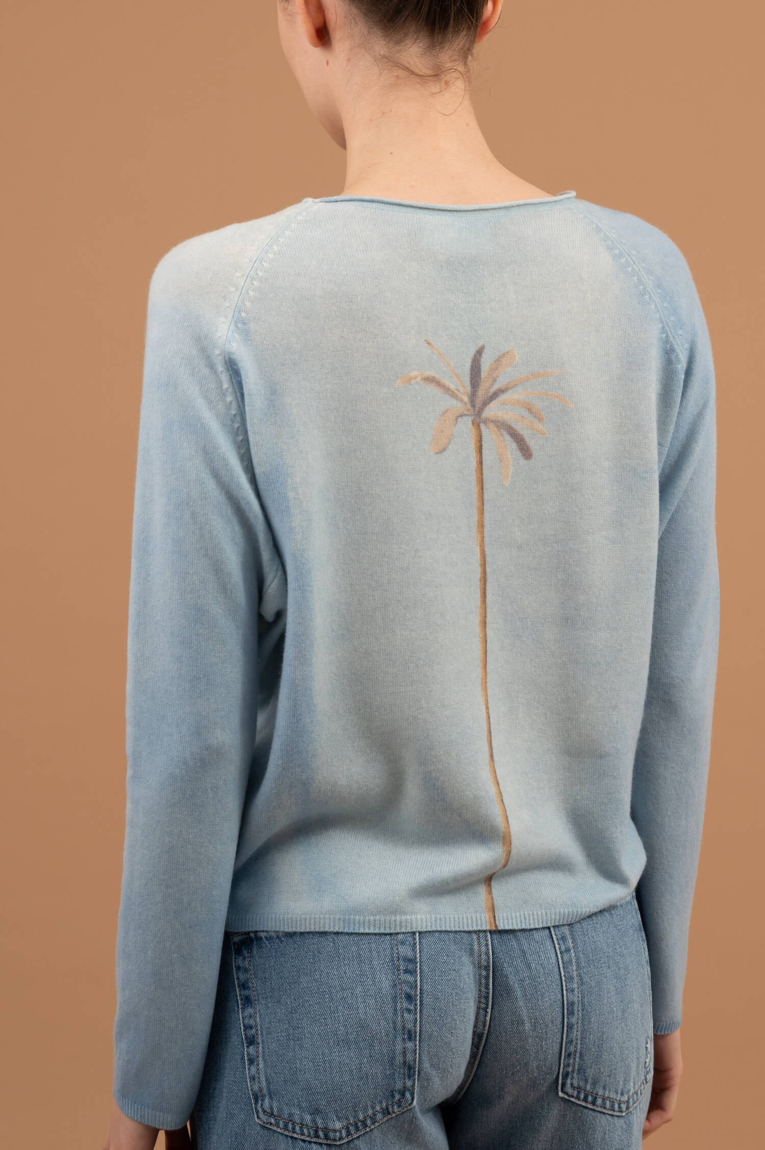 Cashmere Pullover mit Palmenmotiv in Blau