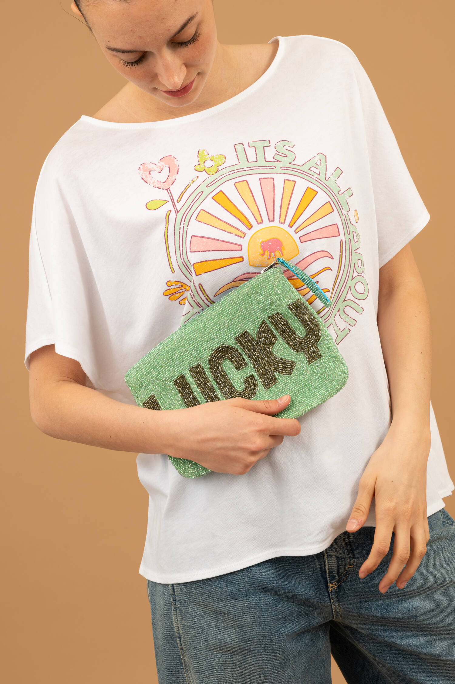 Perlen Clutch LUCKY in Türkis/Oliv