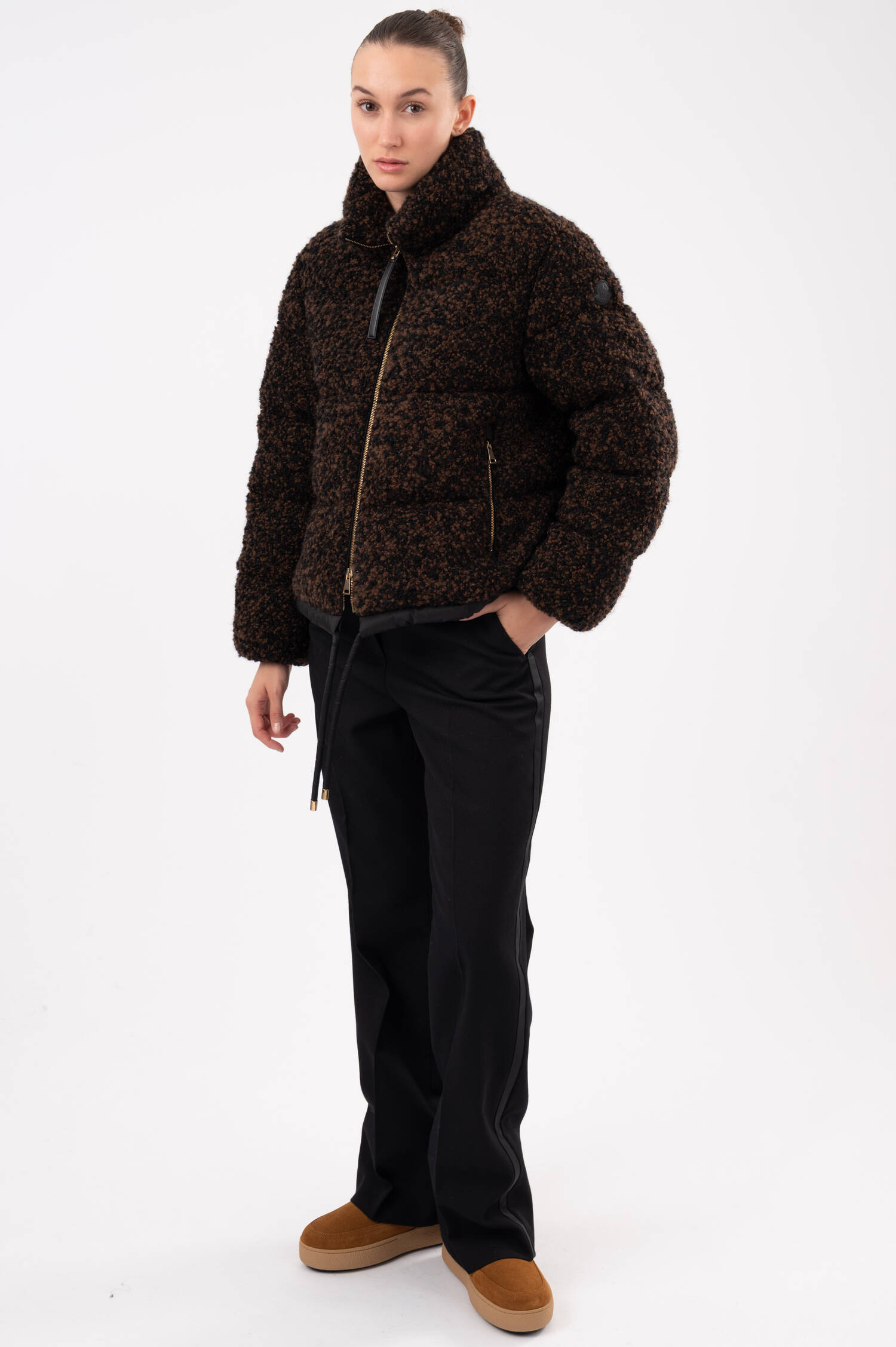 Tweed-Daunenjacke in Schwarz/Braun Tweed-Daunenjacke in Schwarz/Braun