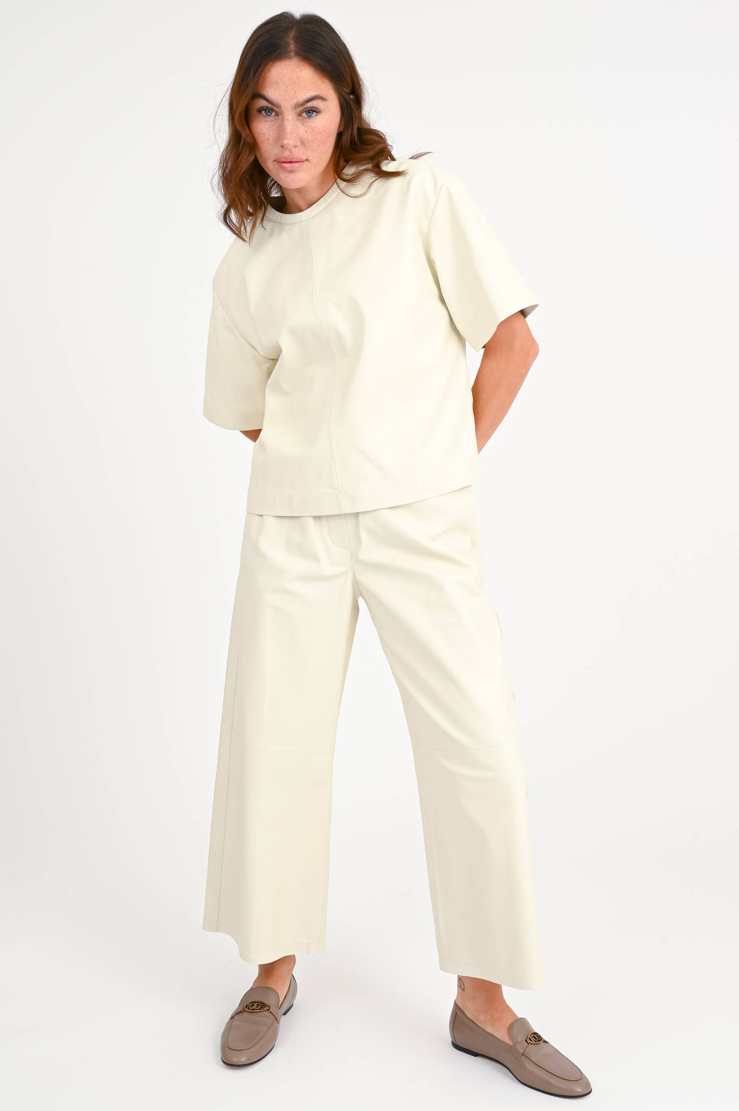 Leder T-Shirt SIRA in Ecru