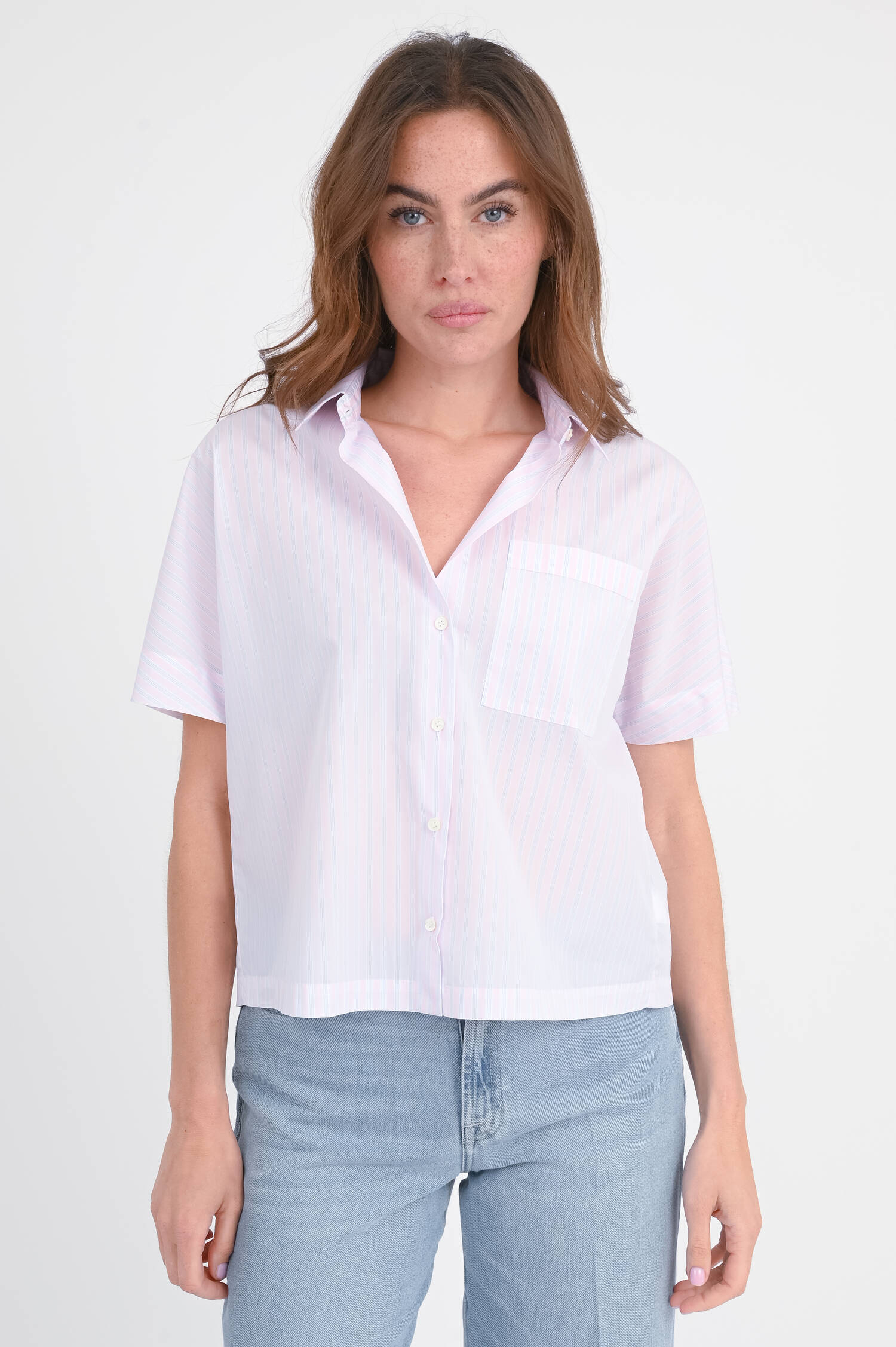 Kurzarm-Bluse ALICIA in Rosa/Weiß/Blau gestreift