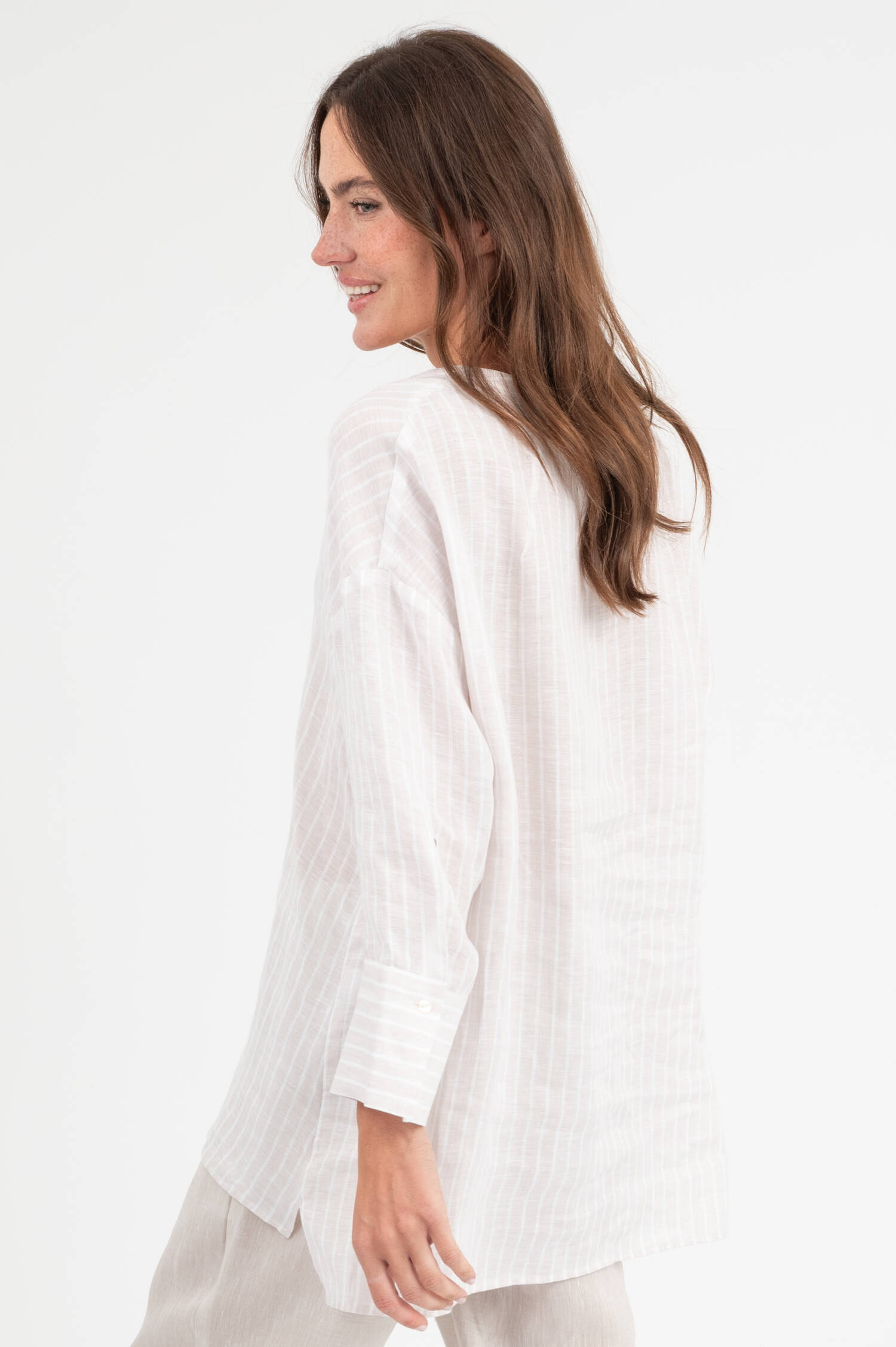 Leinenbluse in Beige/Weiß gestreift