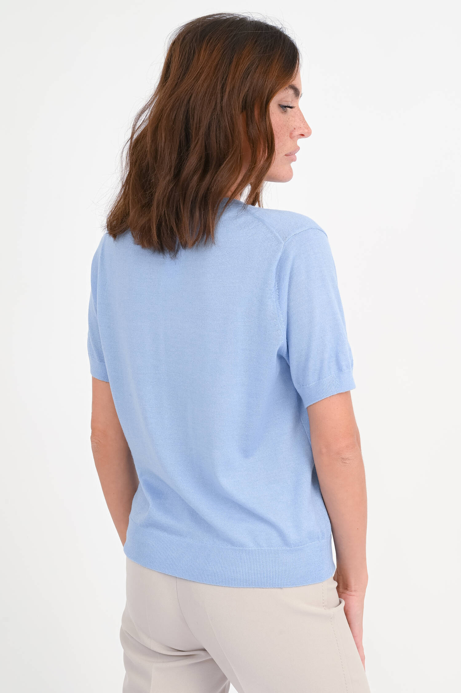 Kurzarm-Woll-Pullover in Hellblau