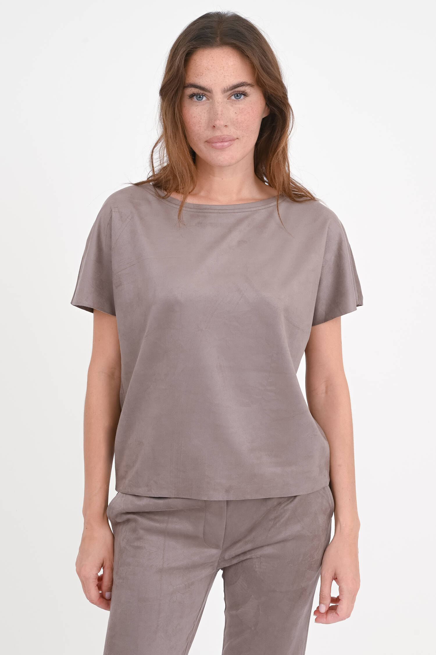 Boxy Shirt aus Velourleder Imitat in Cacao