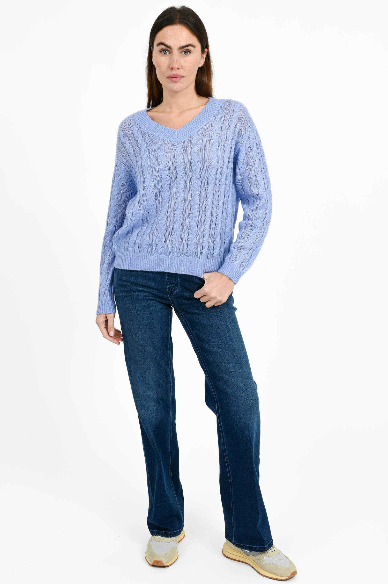Zopfstrick-Pullover mit V-Neck in Blue