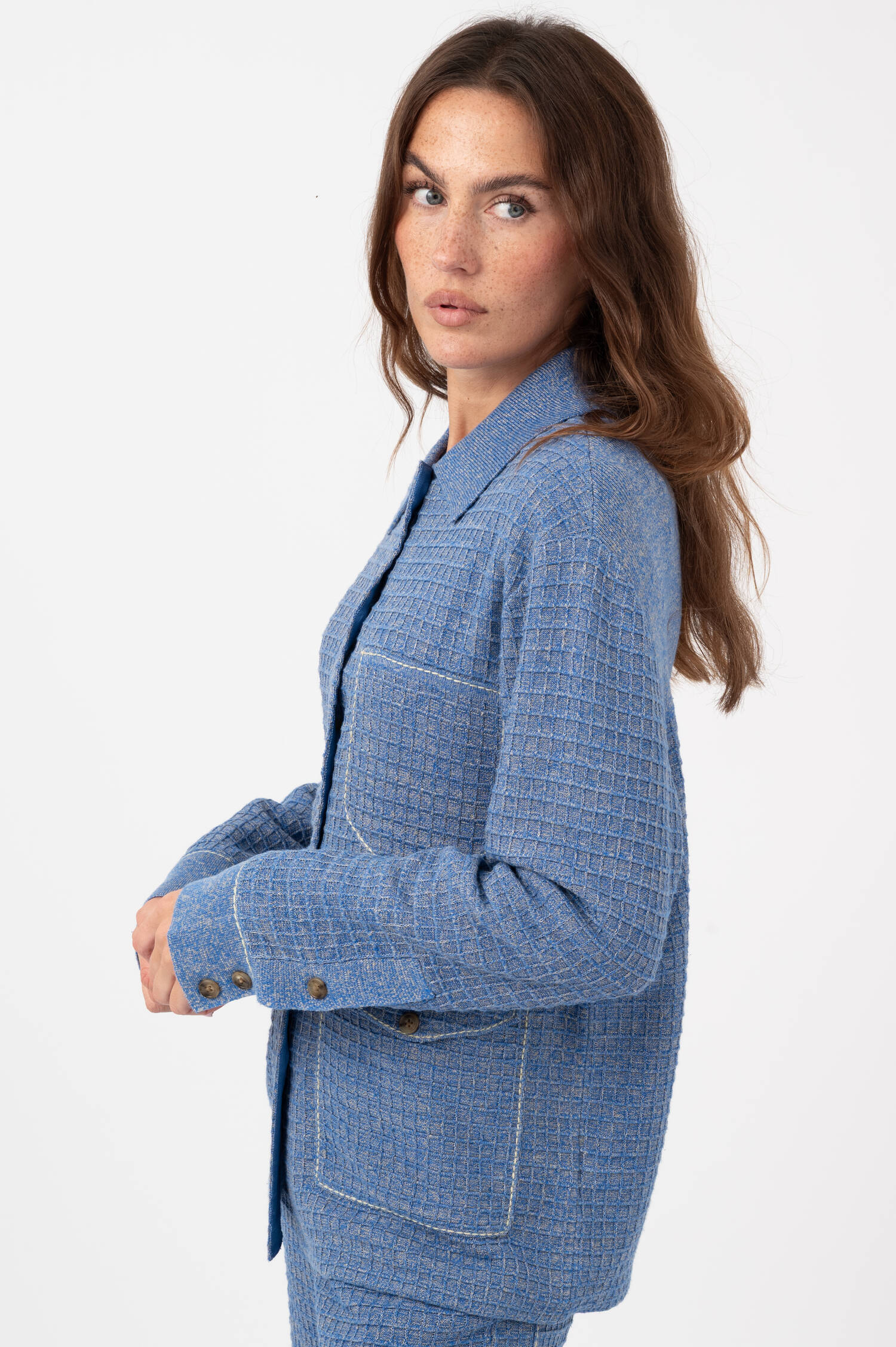 Waffelstrick Bluse in Blau/Gelb Waffelstrick Bluse in Blau/Gelb