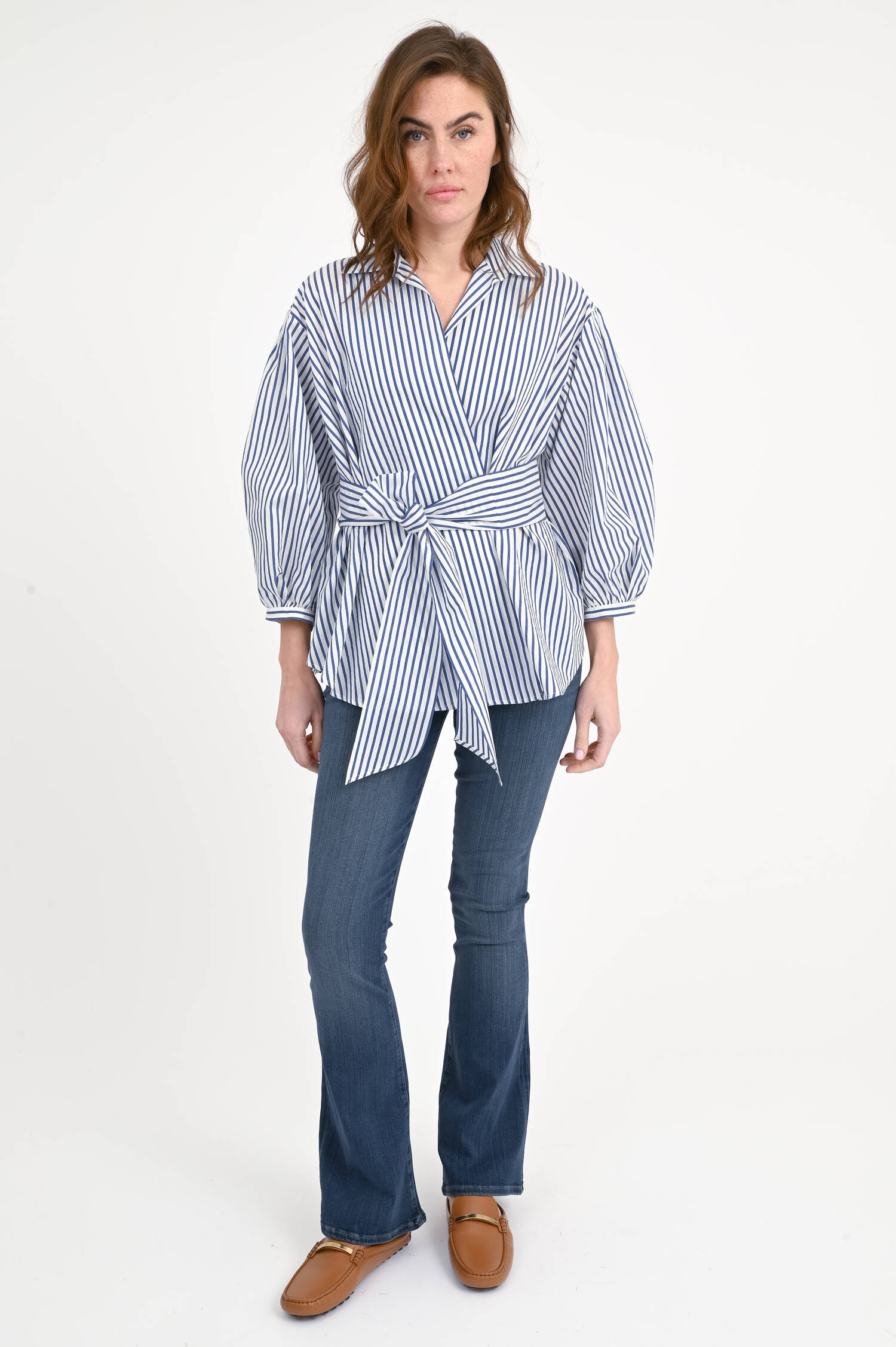 Asymmetrische Bluse CECI in Blau/Weiß gestreift