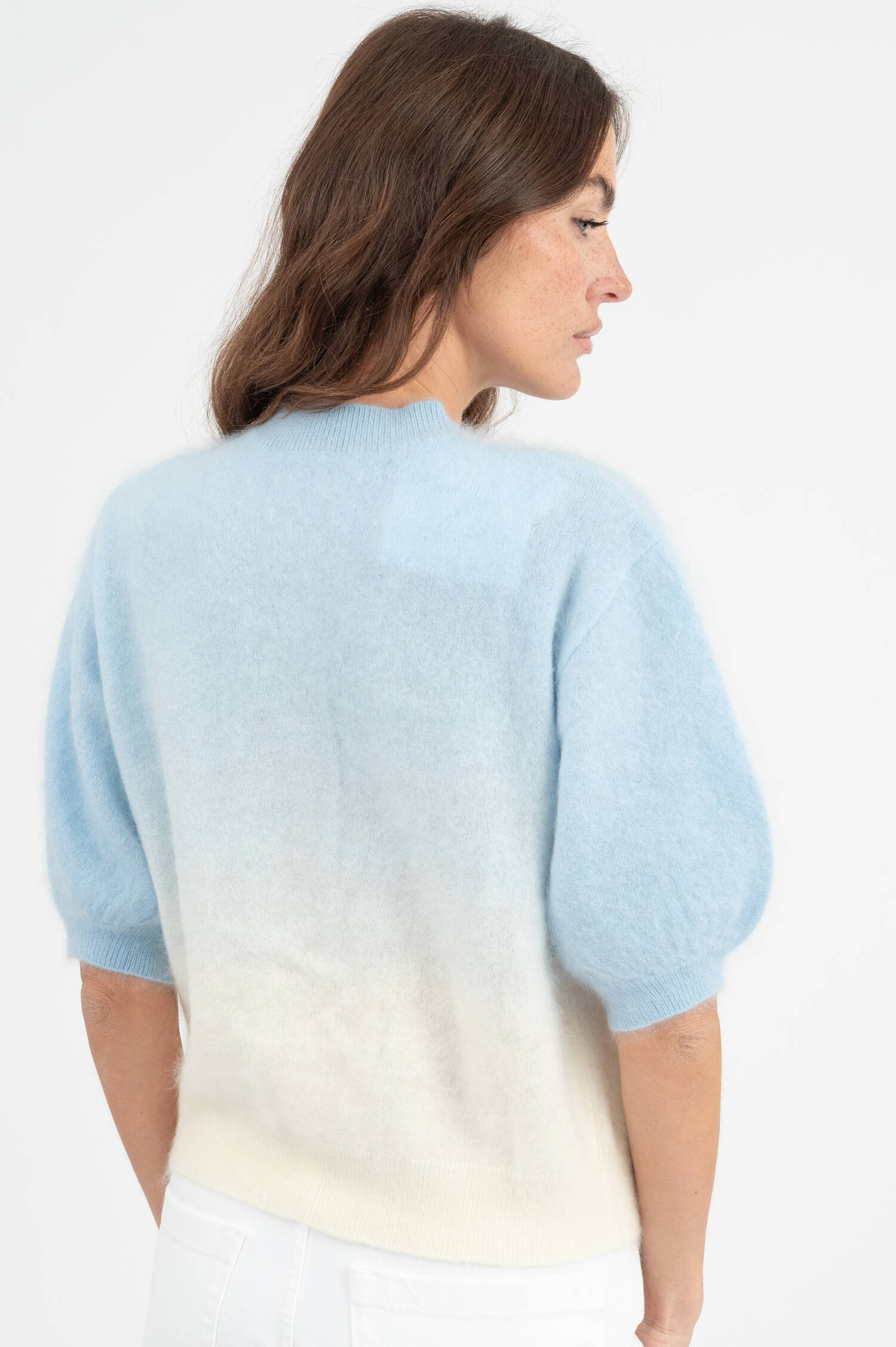 Cashmere-Wolle Cardigan in Blau/Weiß