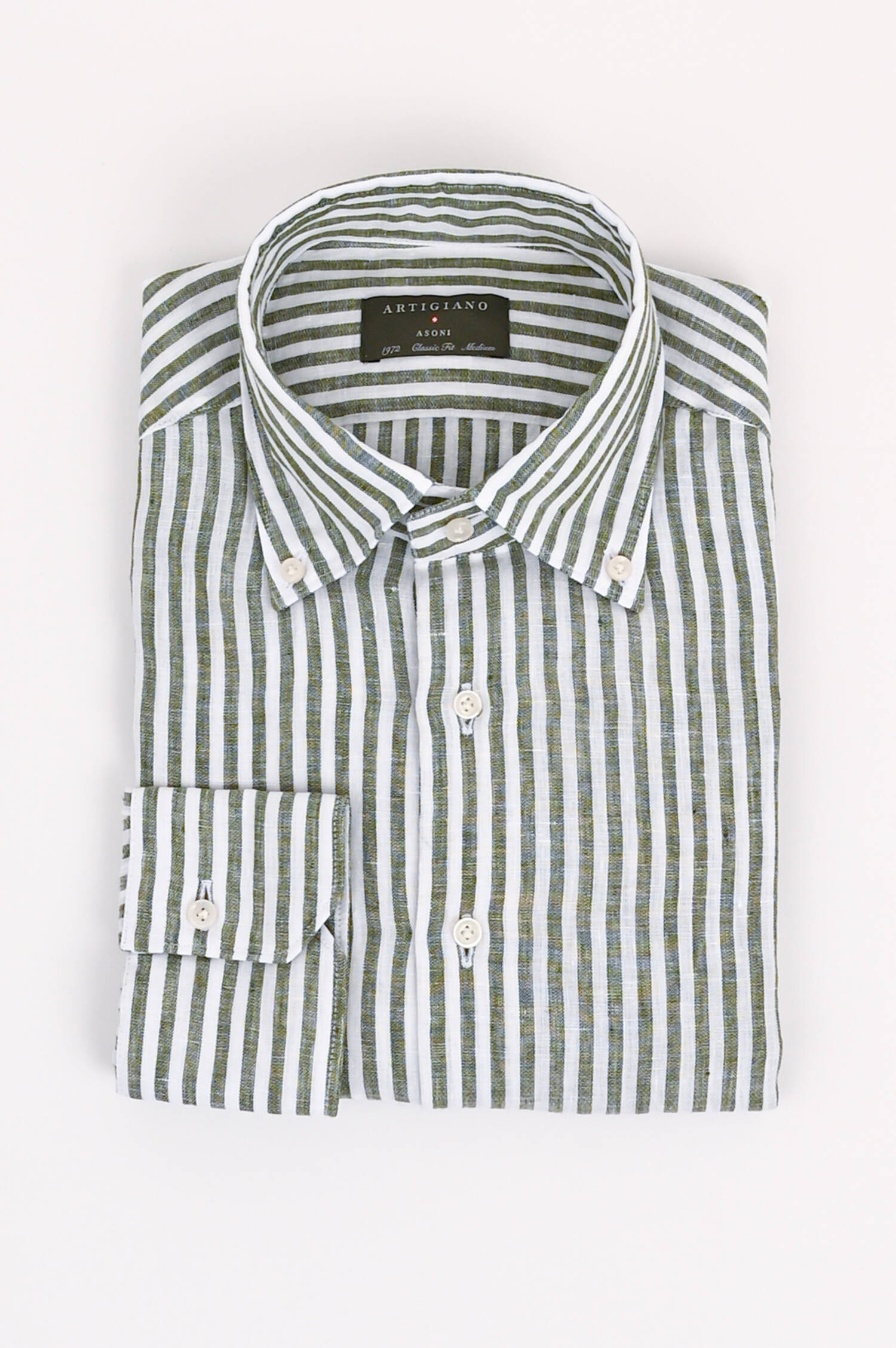 Leinenhemd mit Streifen in Oliv/Weiß
