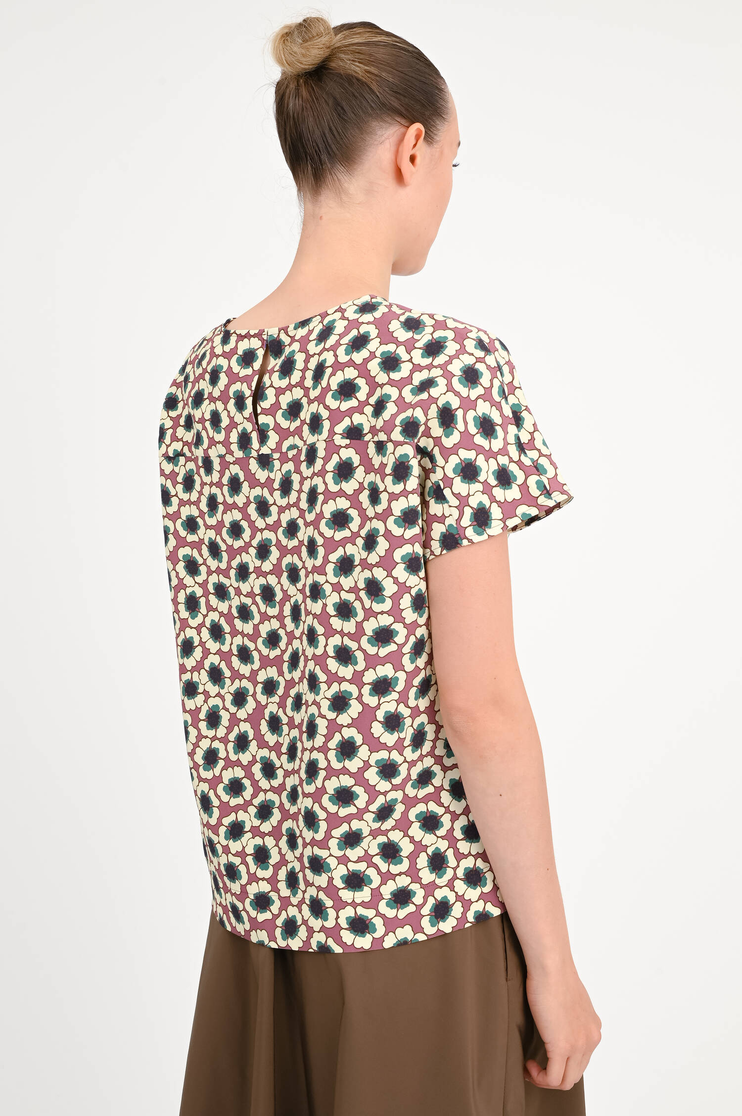 Gemusterte Bluse aus Viskose in Aubergine/Vanille