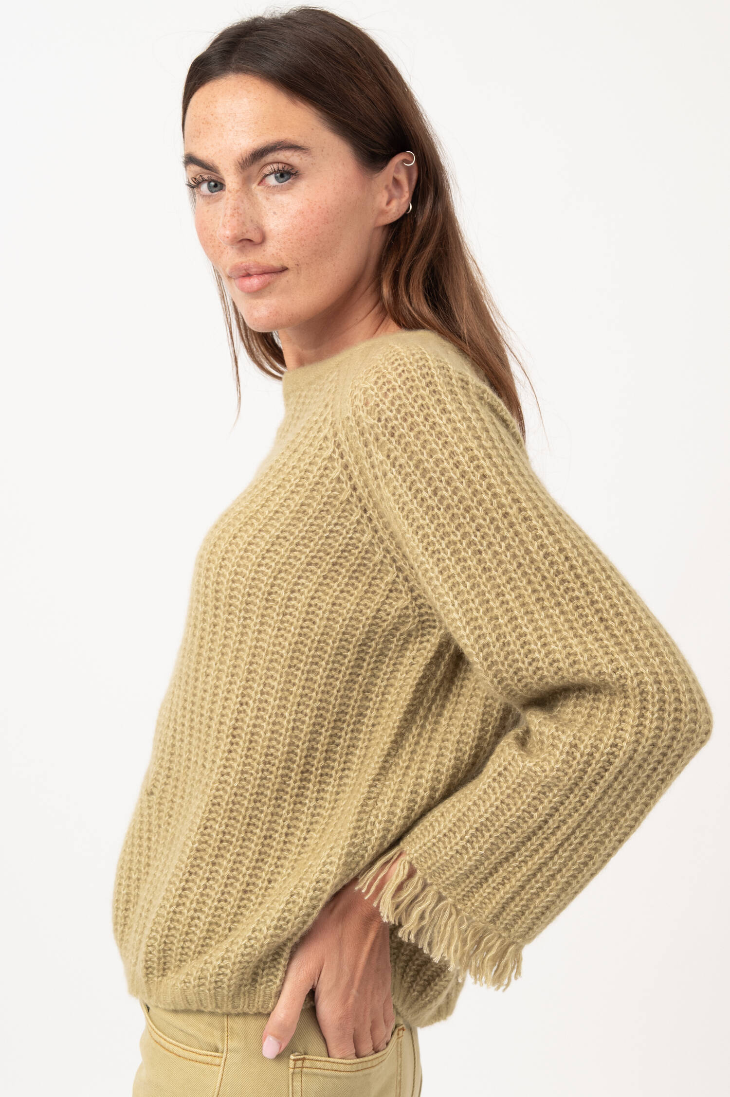 Patentstrick-Pullover mit Fransen in Grün 