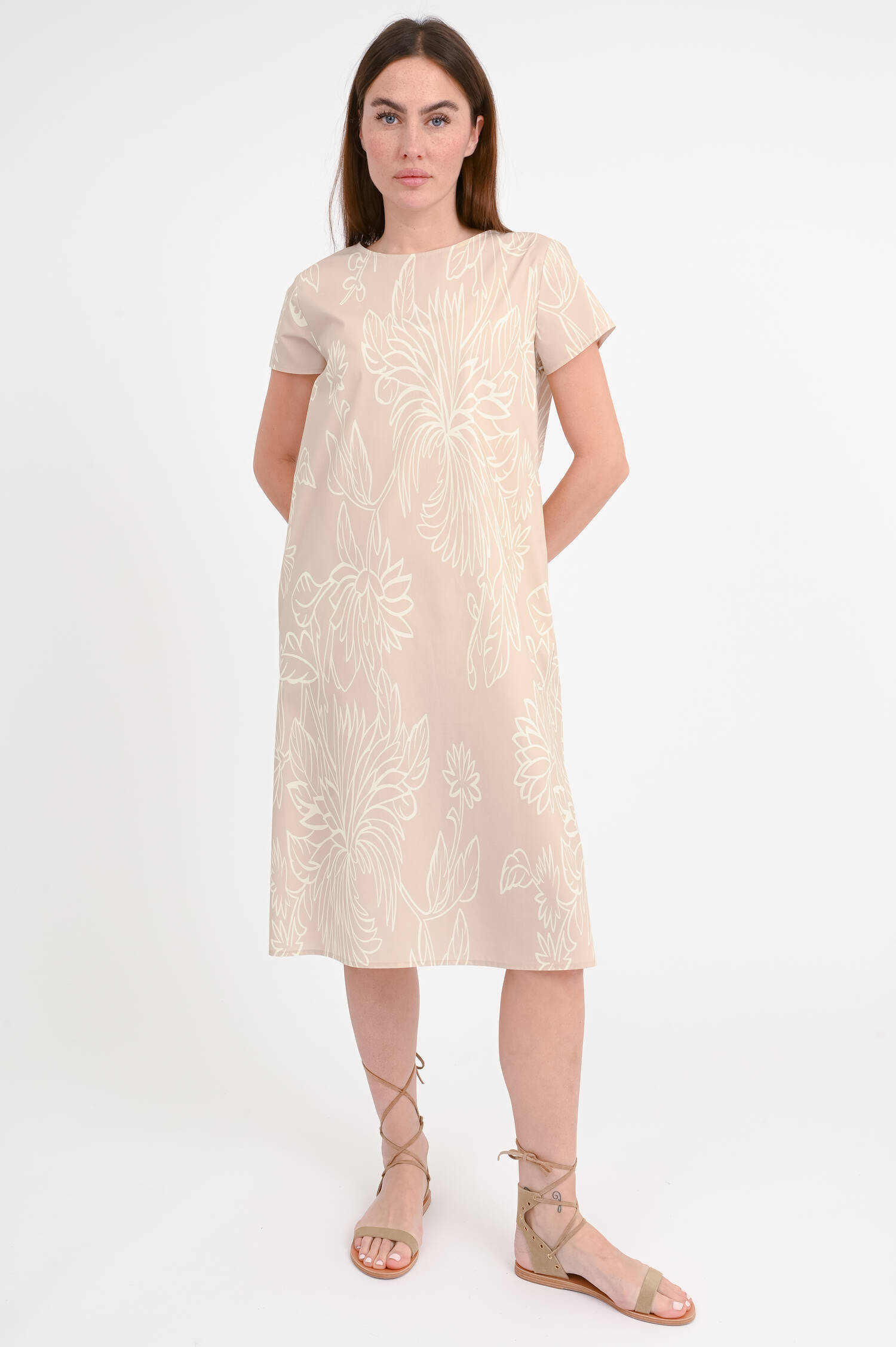 Baumwollkleid in Egg-Shape in Beige/Weiß gemustert