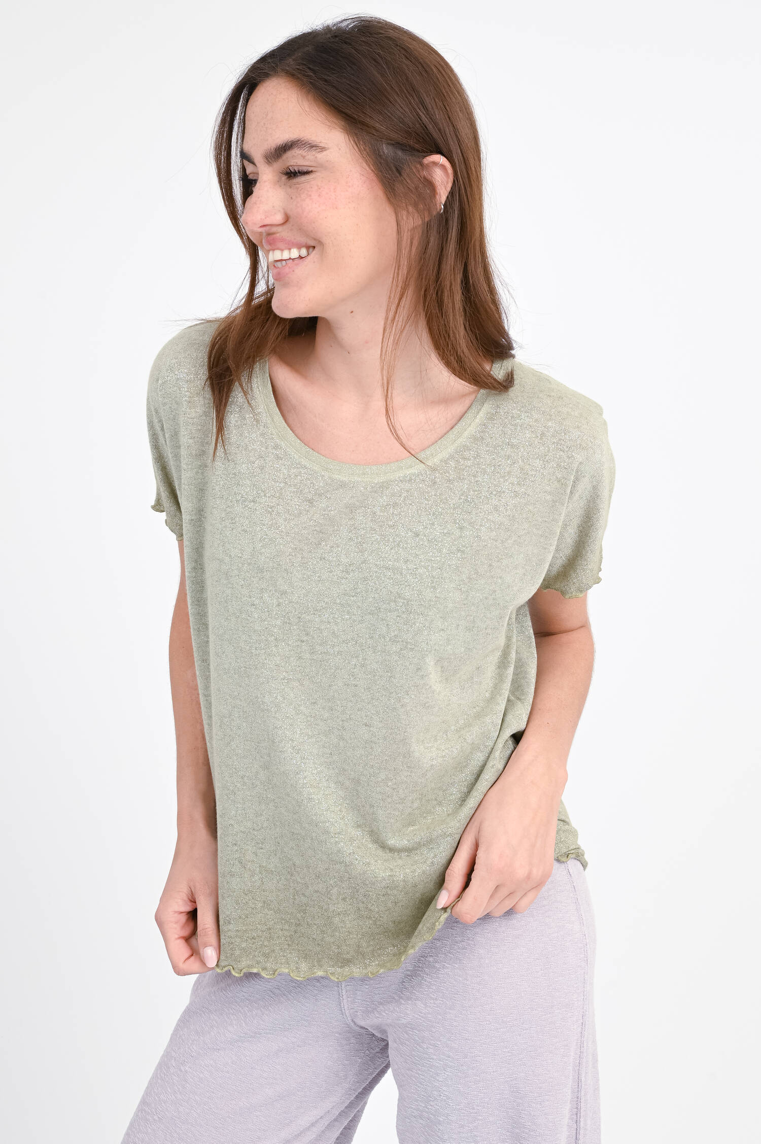 Glitzer-Shirt ADELA mit Rüschensaum in Dunkelgrün