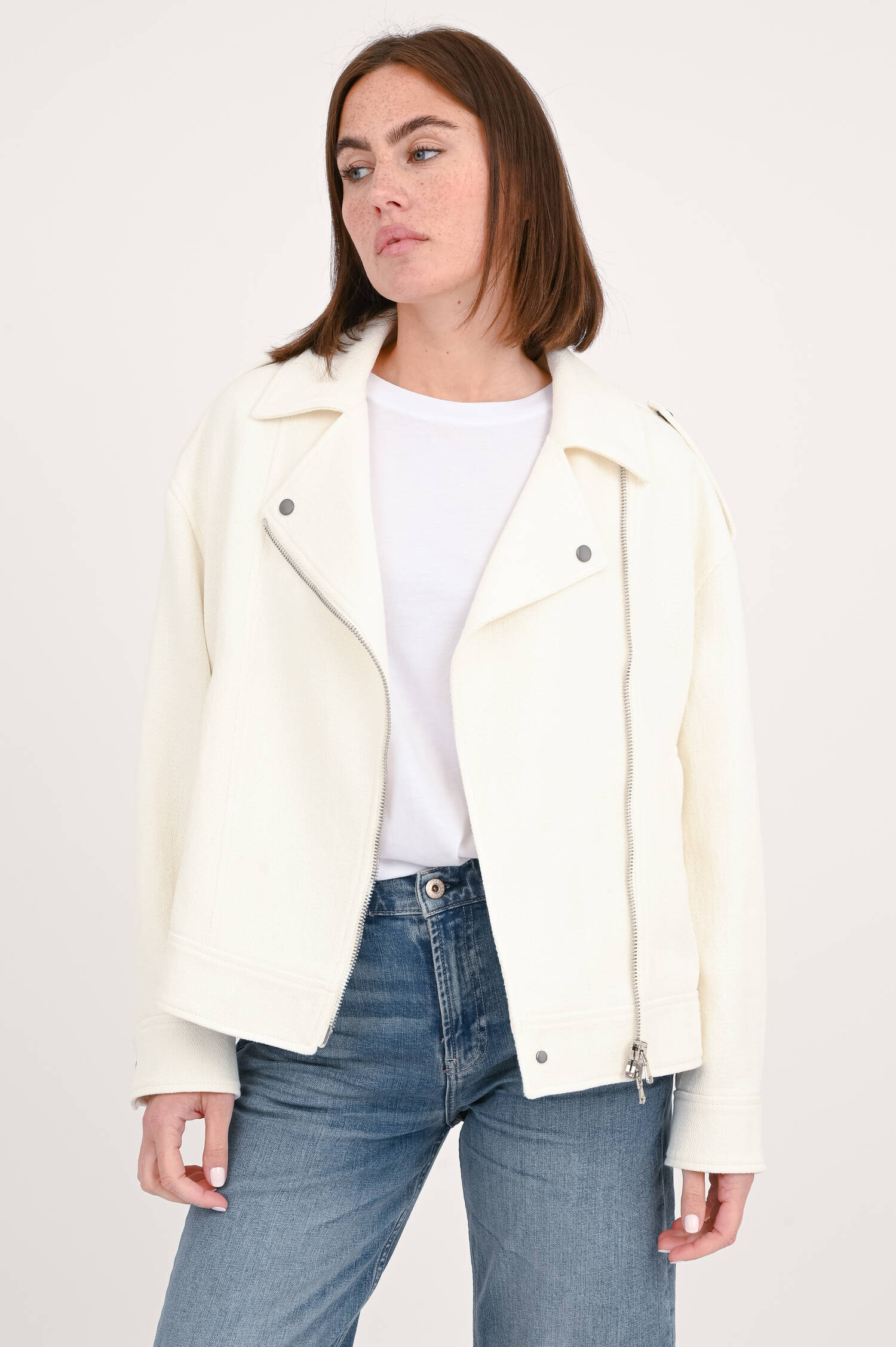 Bikerjacke aus Baumwoll-Leinen-Mix in Creme