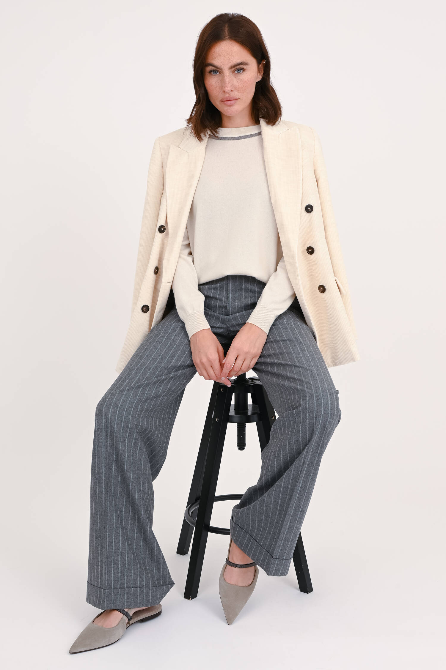 Zweireihiger Cord-Blazer in Creme