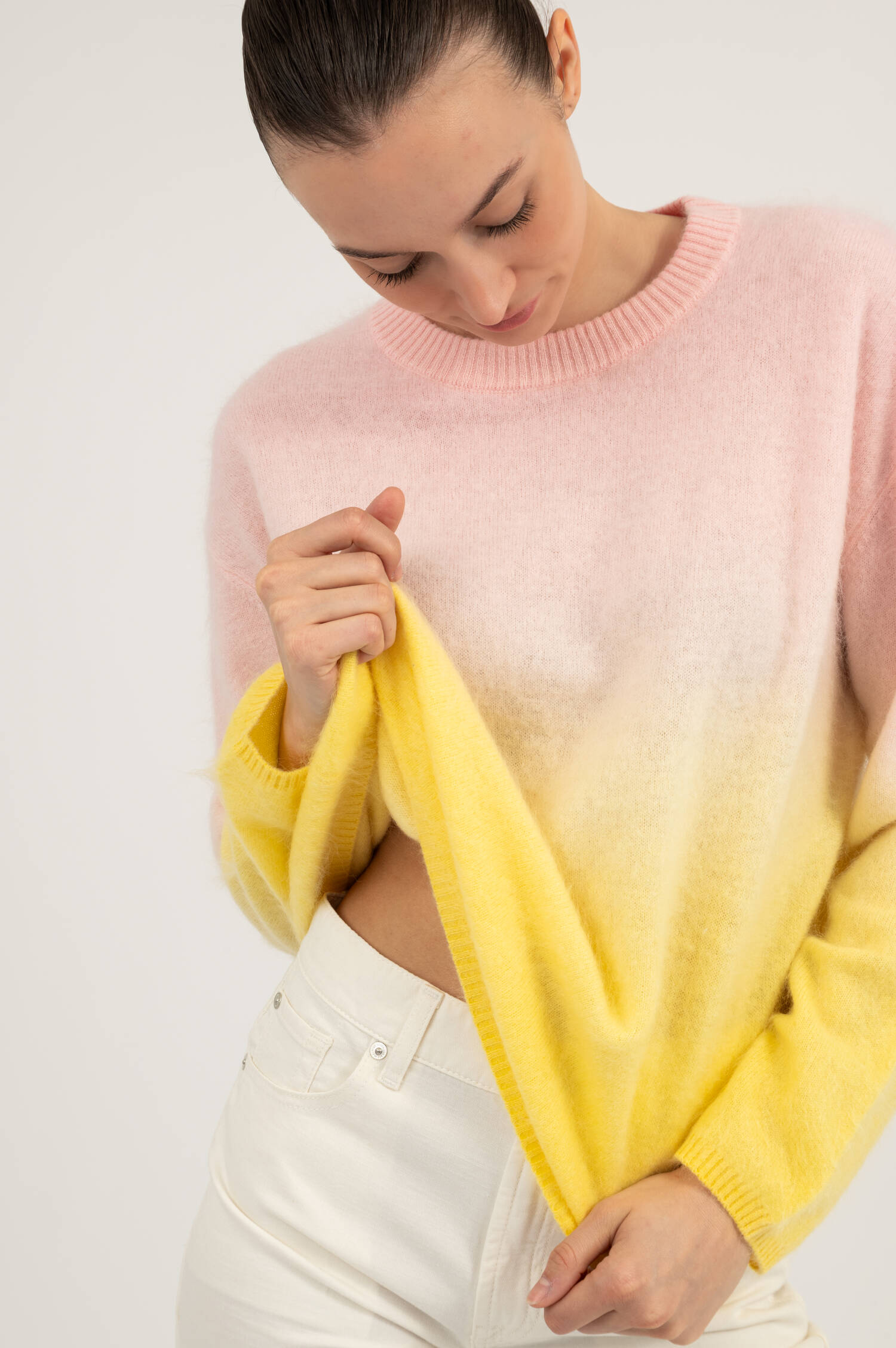 Hairy Cashmere-Woll Pullover YORK in Rosa/Gelb