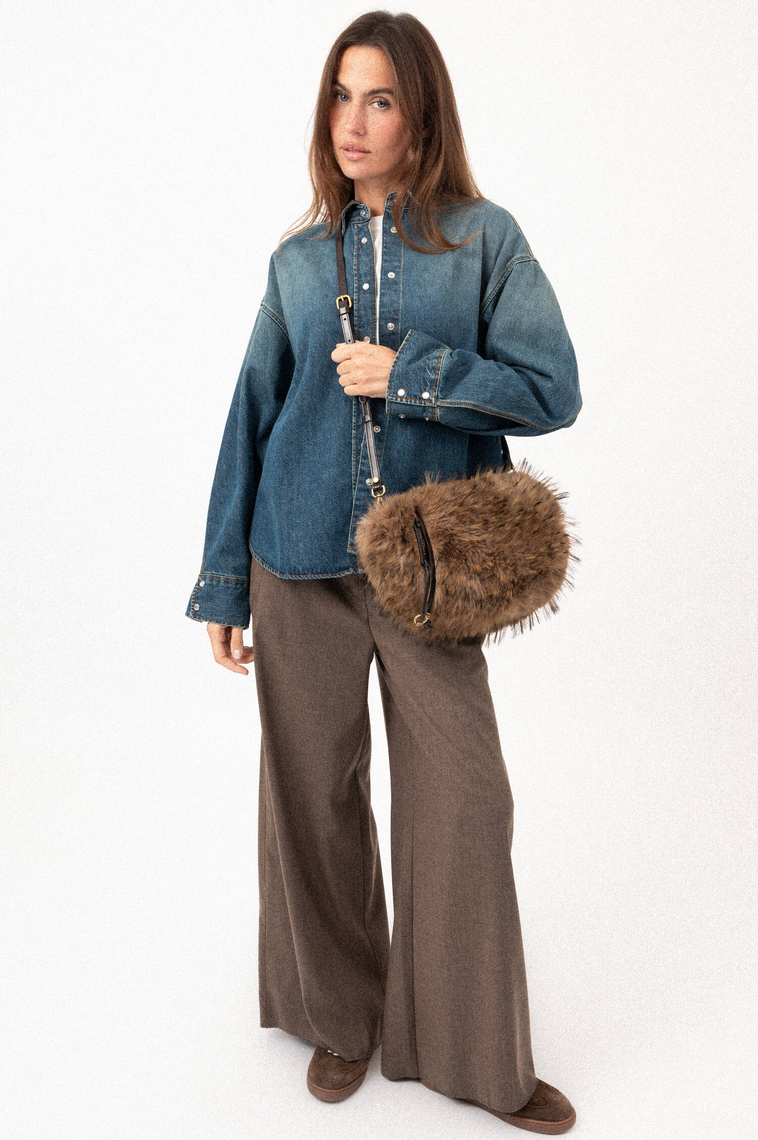 Wide-Leg-Flanell-Schlupfhose in Braun
