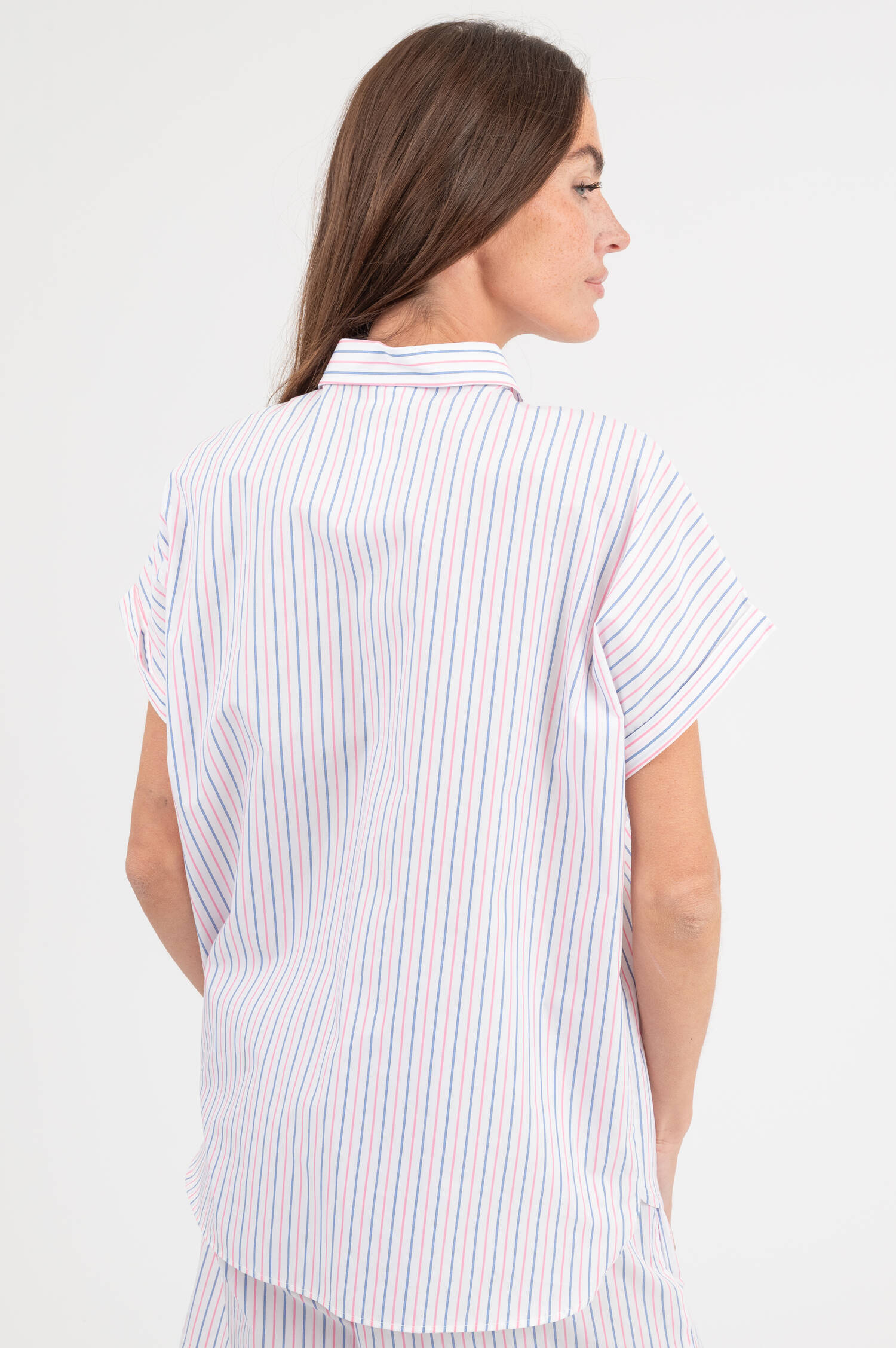 Popeline Bluse in Pink/Blau/Weiß gestreift