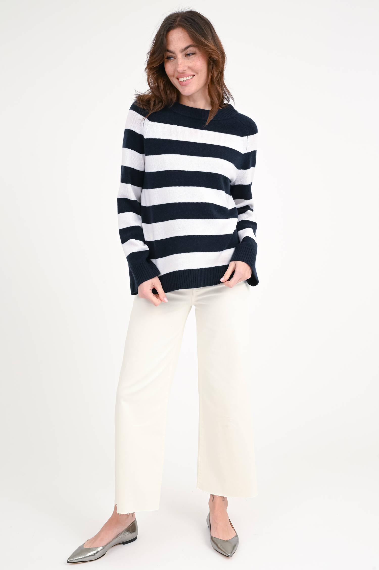 Pullover aus Woll-Cash-Mix in Navy/Weiß gestreift