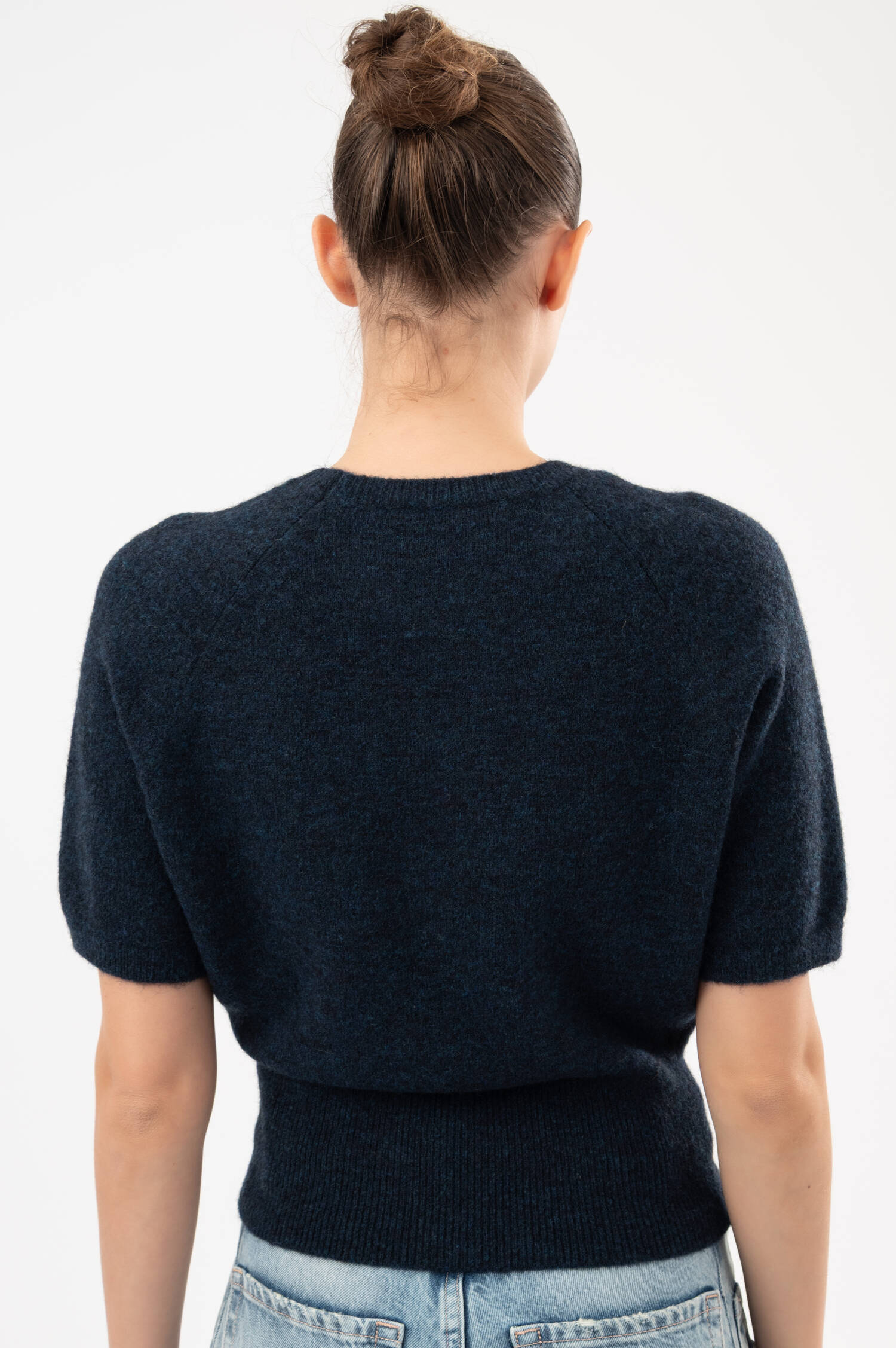 Alpaka-Woll-Mix-Kurzarmpullover in Navy meliert