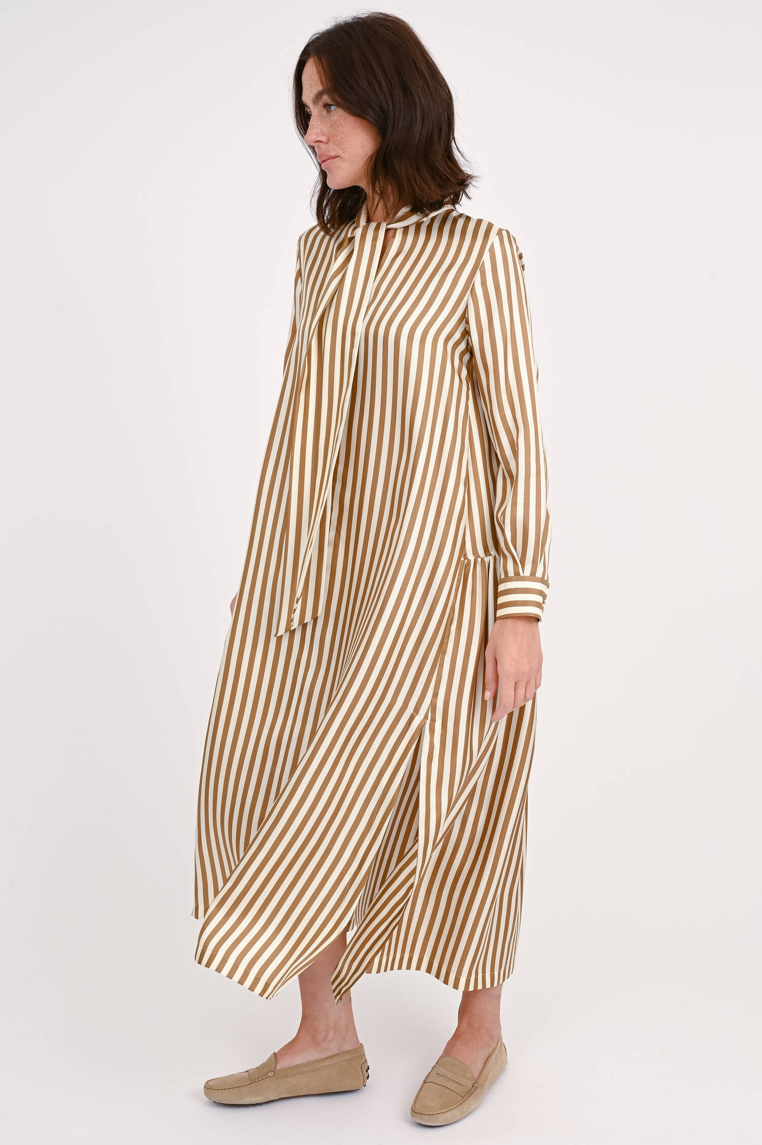 Seidenkleid FAESITE in Creme/Braungold gestreift