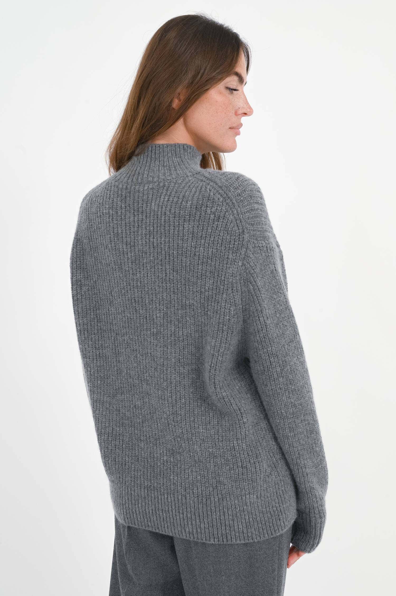 Wollpullover mit Stehkragen in Dunkelgrau meliert