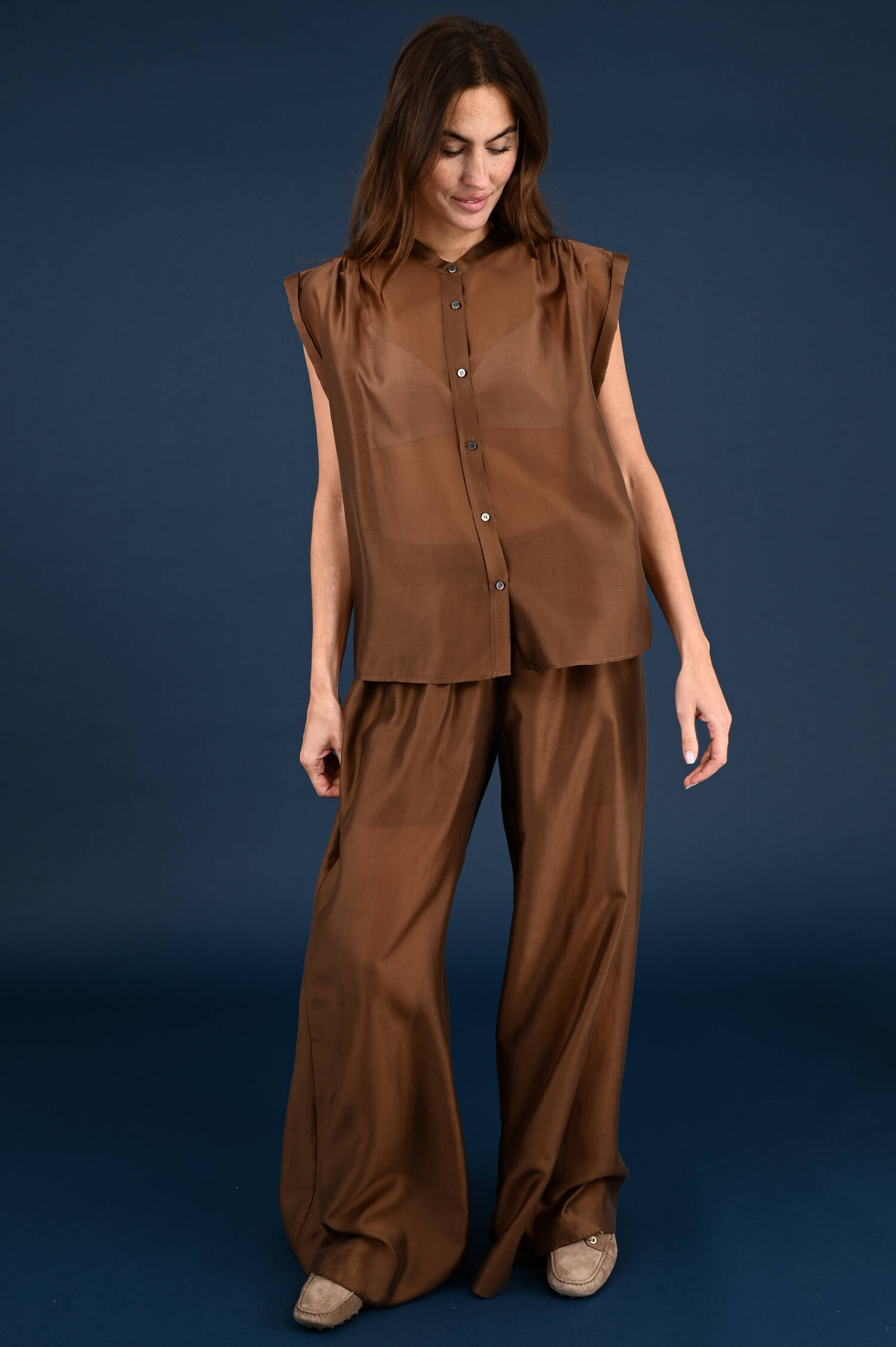 Weite Ärmellose Bluse in Choko