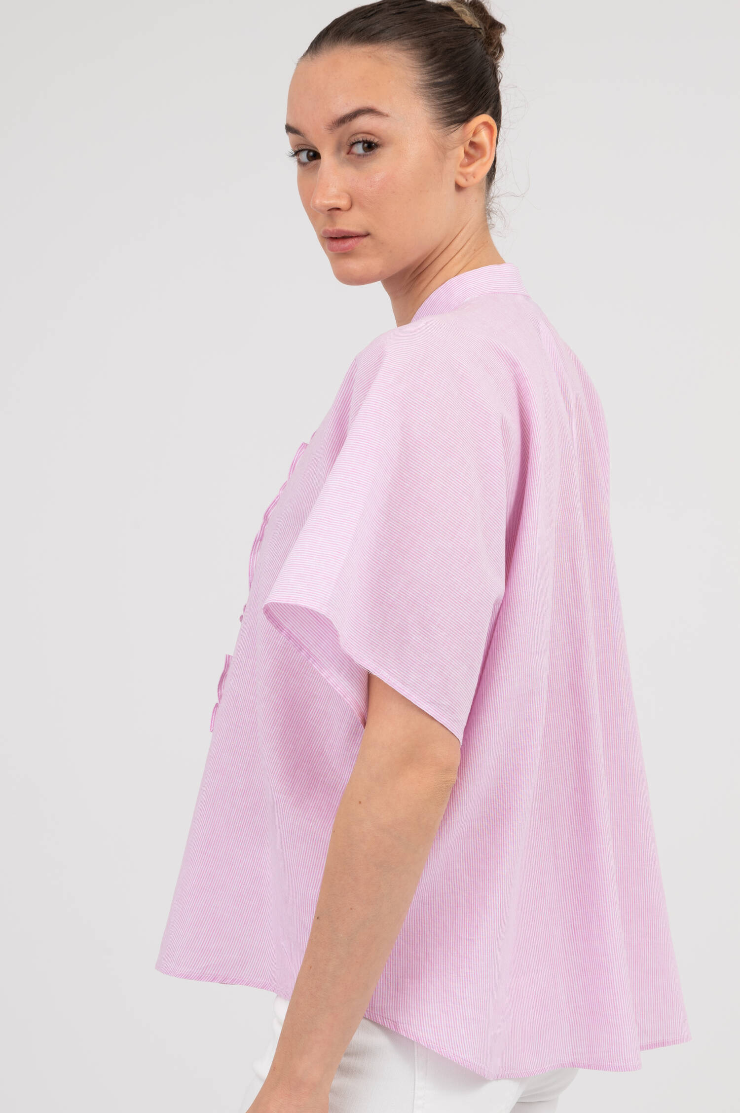 Bluse DAISY mit Rüschen in Rosa/Weiß