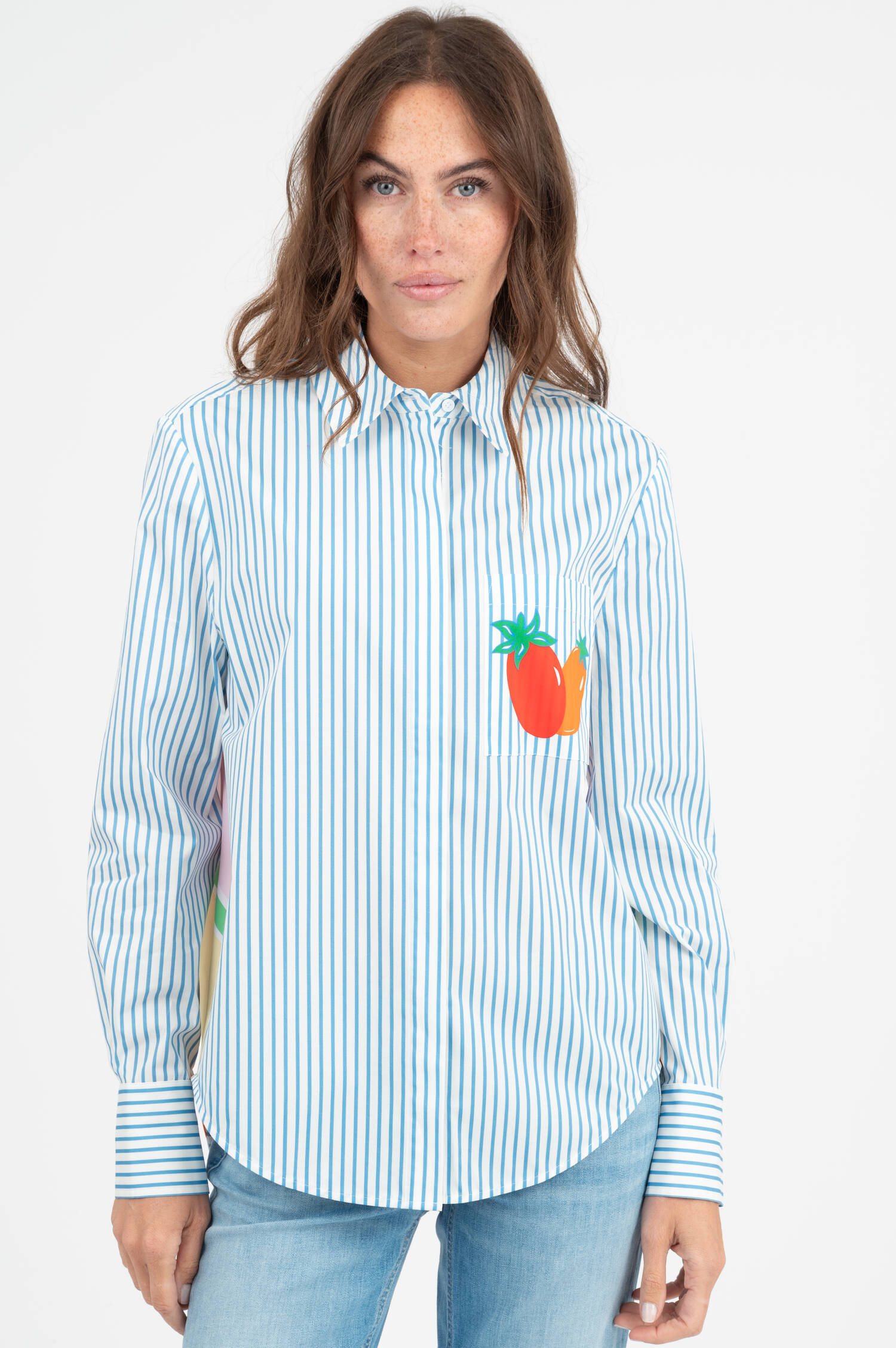 Bluse mit Rückenprint in Blau/Weiß gestreift Bluse mit Rückenprint in Blau/Weiß gestreift