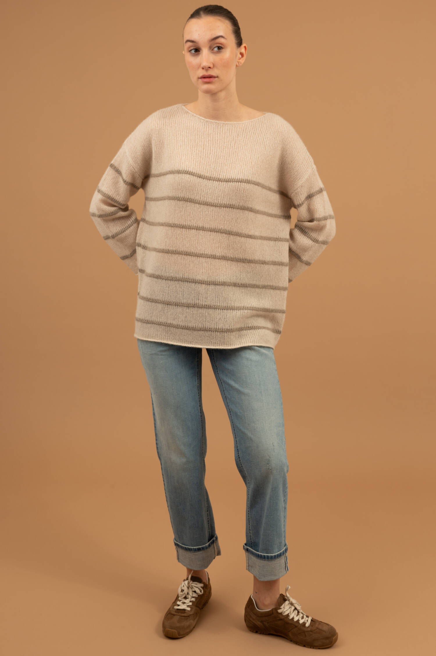 Cashmere-Seiden Pullover in Beige/Grau Cashmere-Seiden Pullover in Beige/Grau