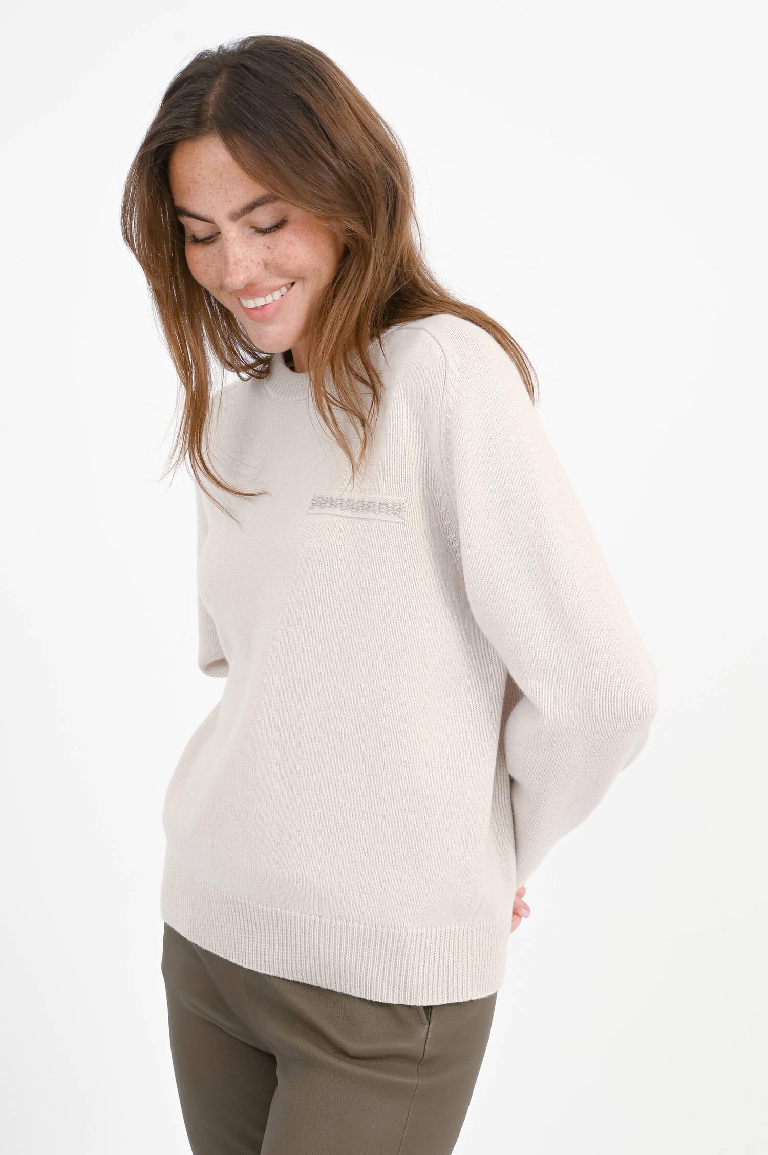 Seiden-Mix Pullover mit Perlen-Detail in Sand