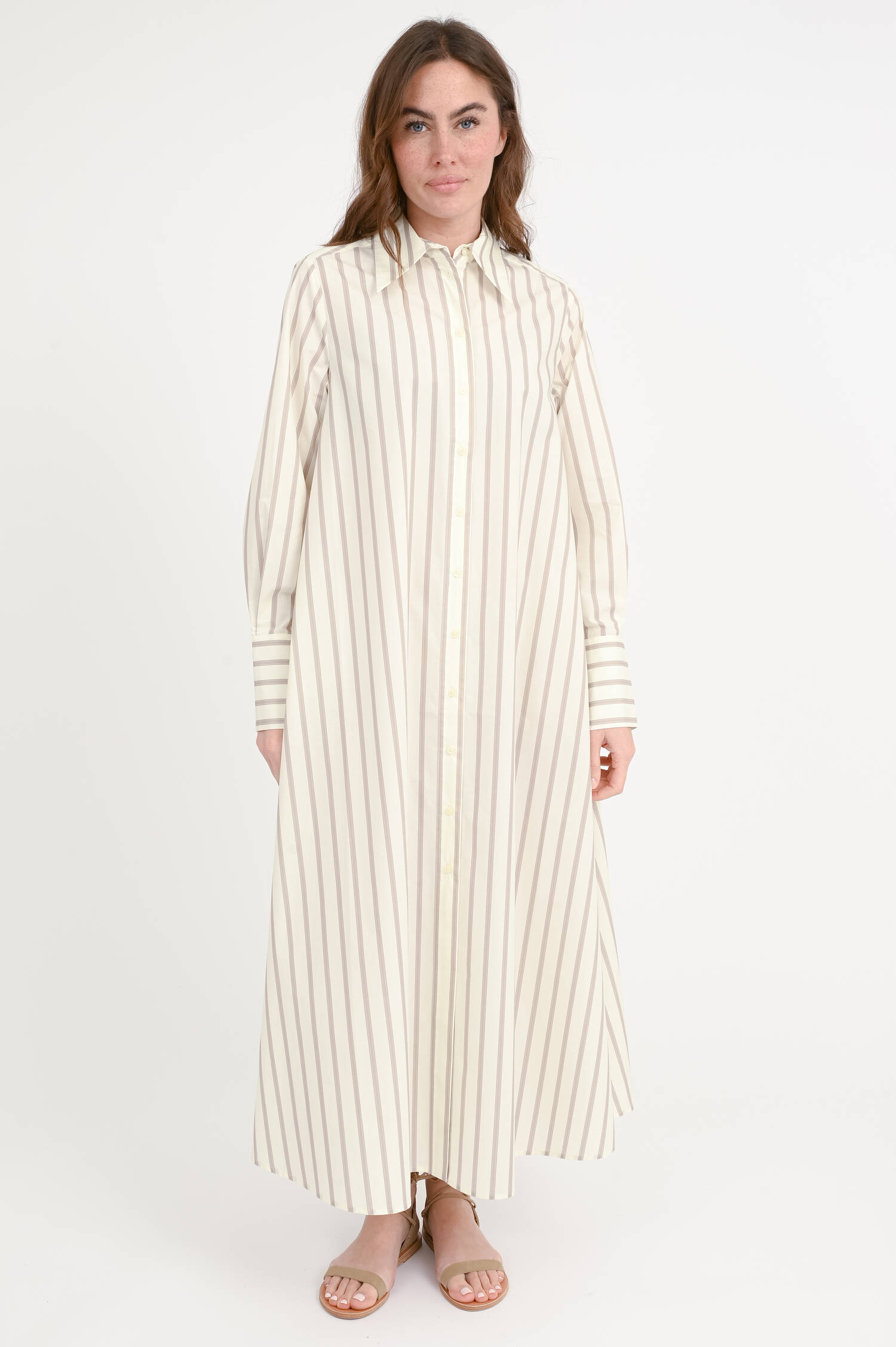 Maxi-Hemdblusenkleid in Taupe/Creme gestreift