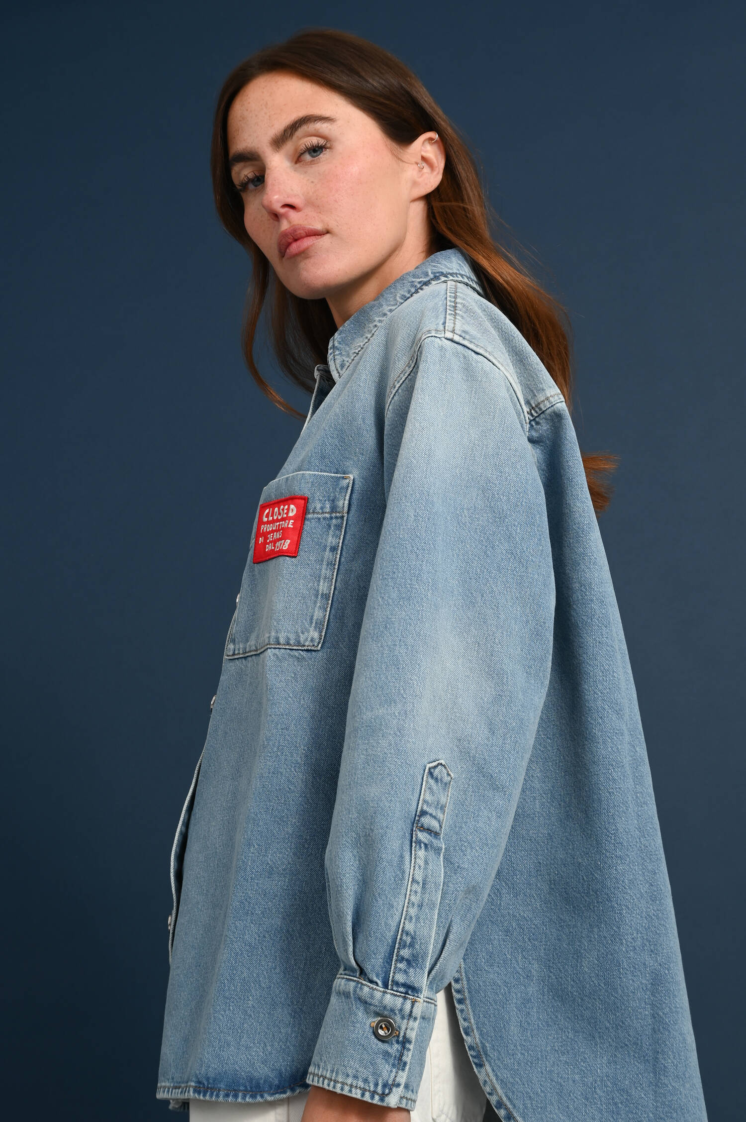 Denim-Bluse mit Logo-Details in Light Blue