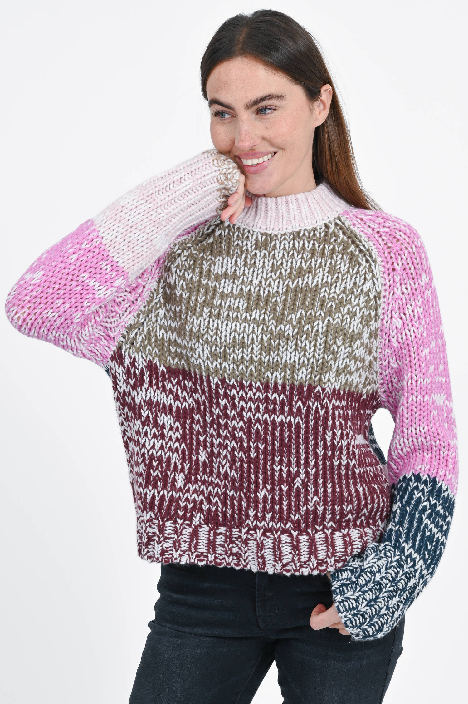 Cashmere-Strickpullover in Pink/Braun/Navy