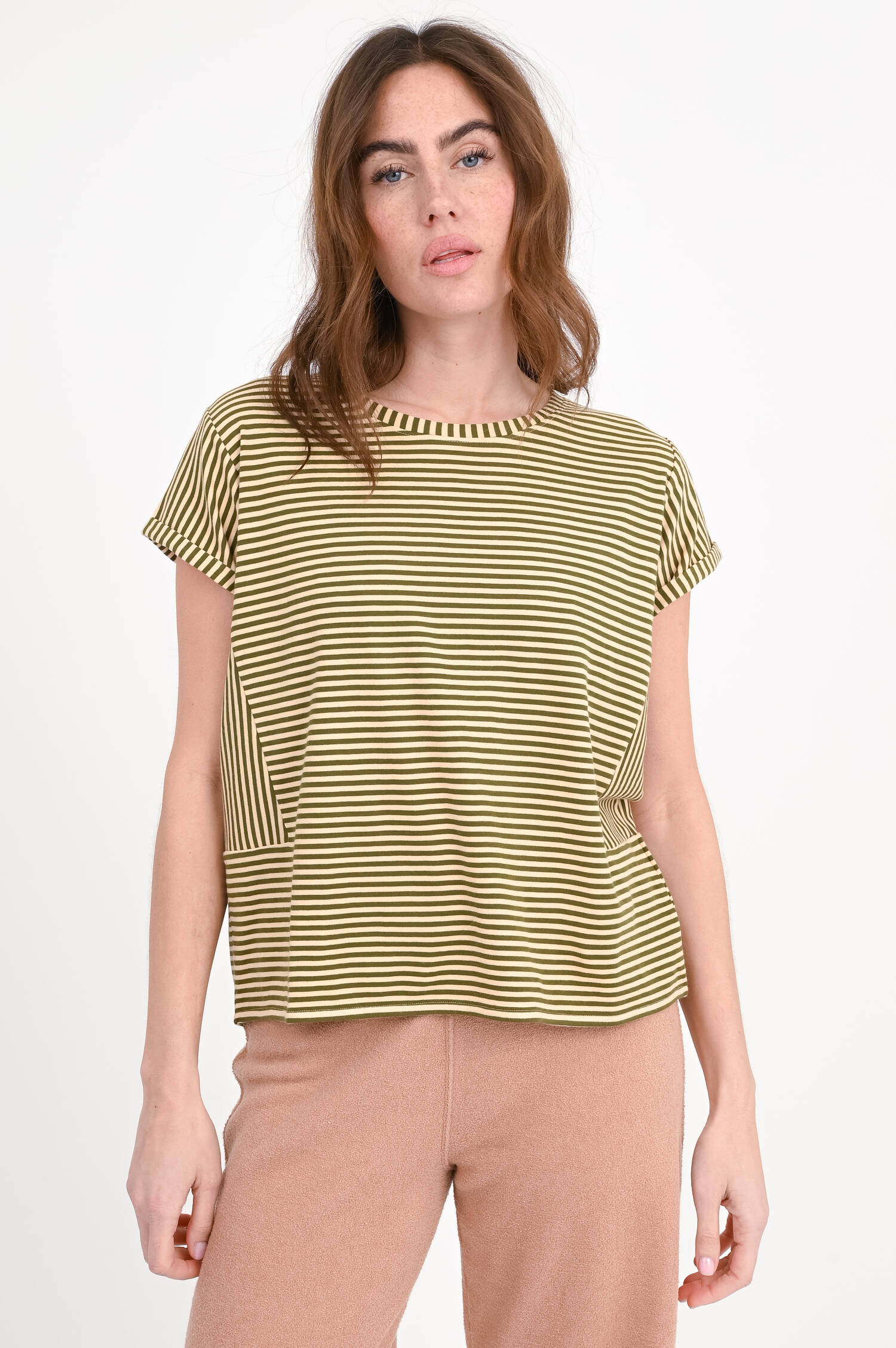 Gestreiftes-Shirt LILY in Dunkelgrün/Peach