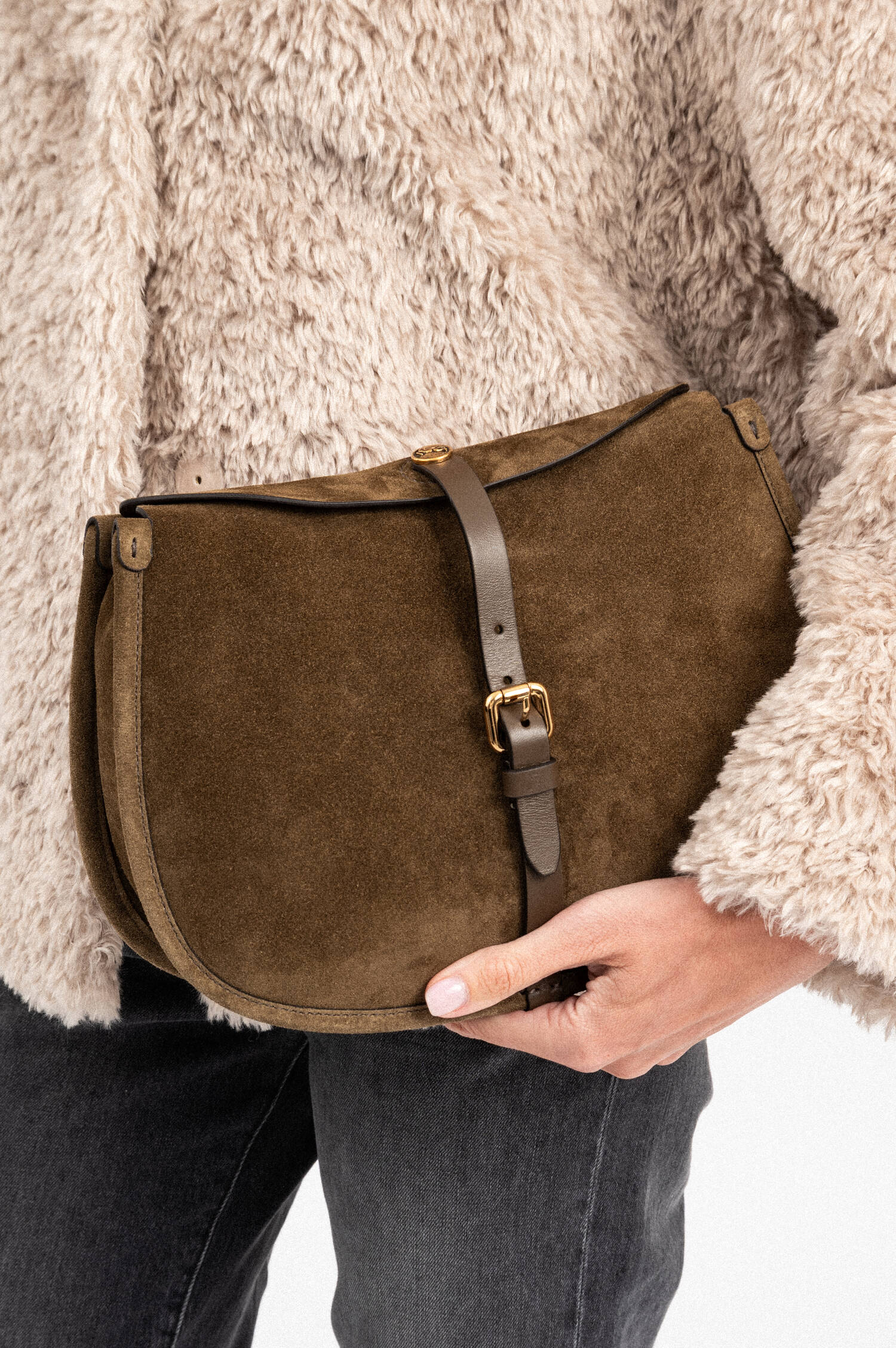 Medium Suede Pony Bag in Olive