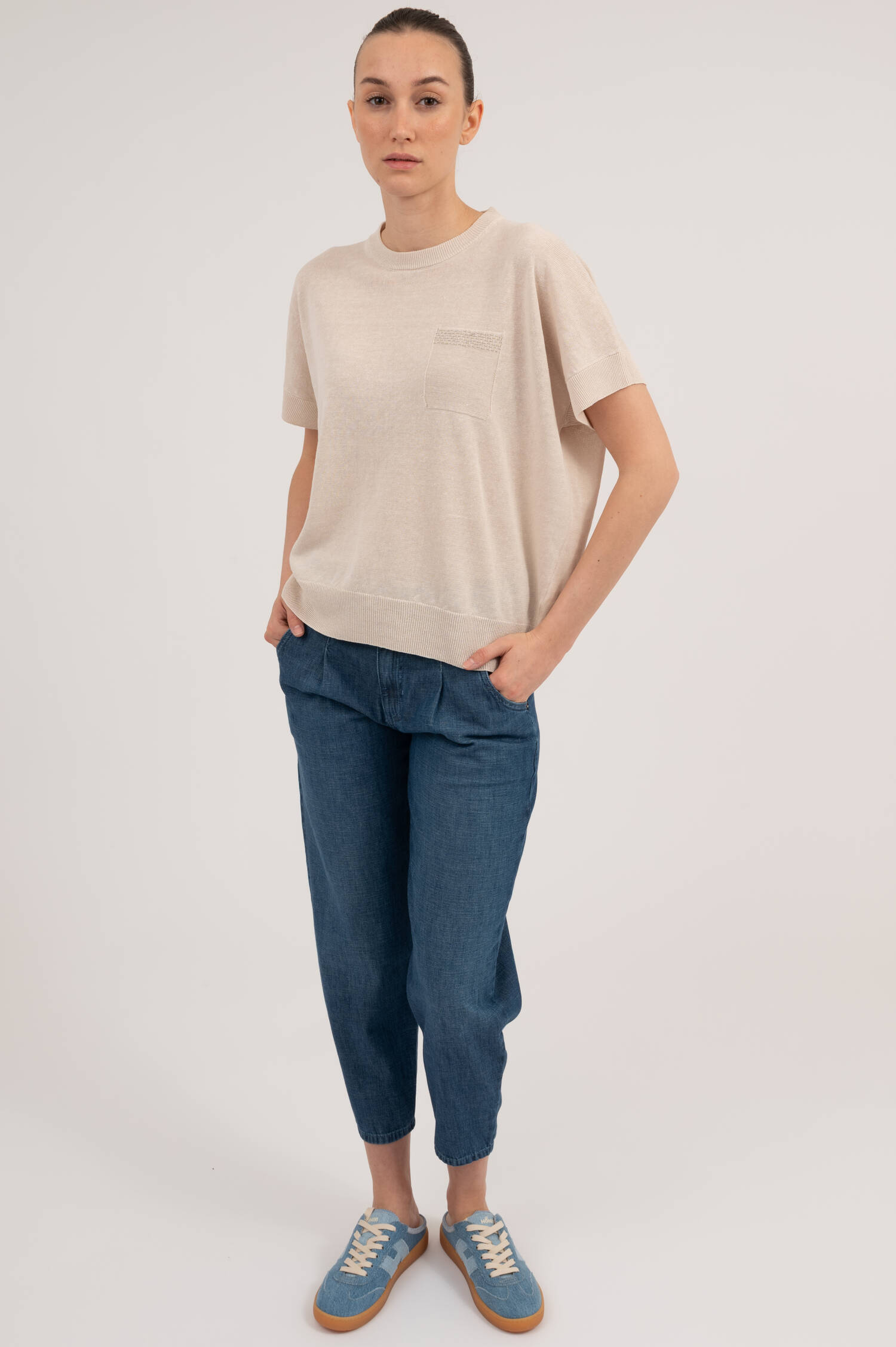 Leinenmix Kurzarm Pullover in Beige