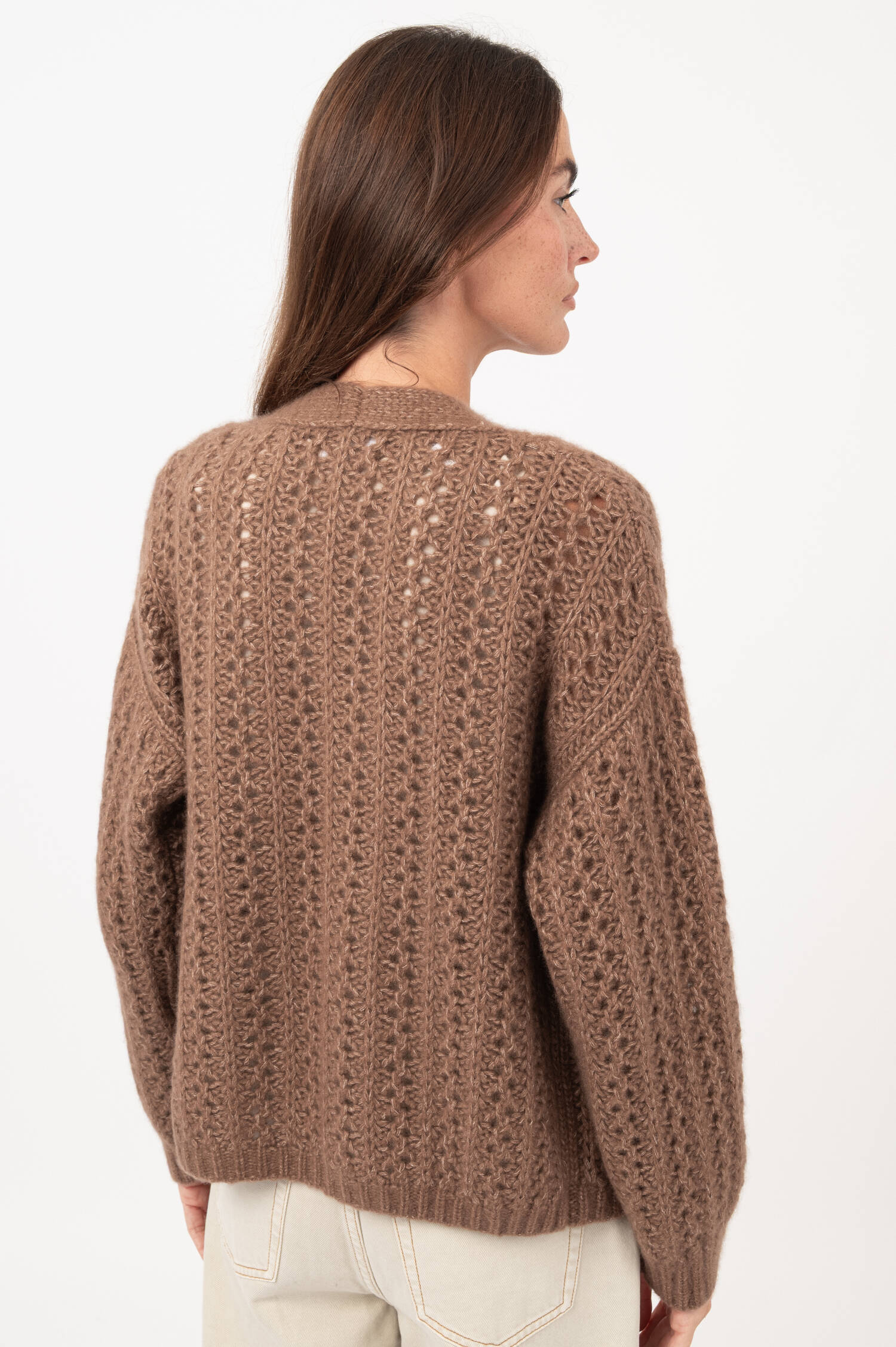 Cashmeremix-Lochstrick-Cardigan in Braun
