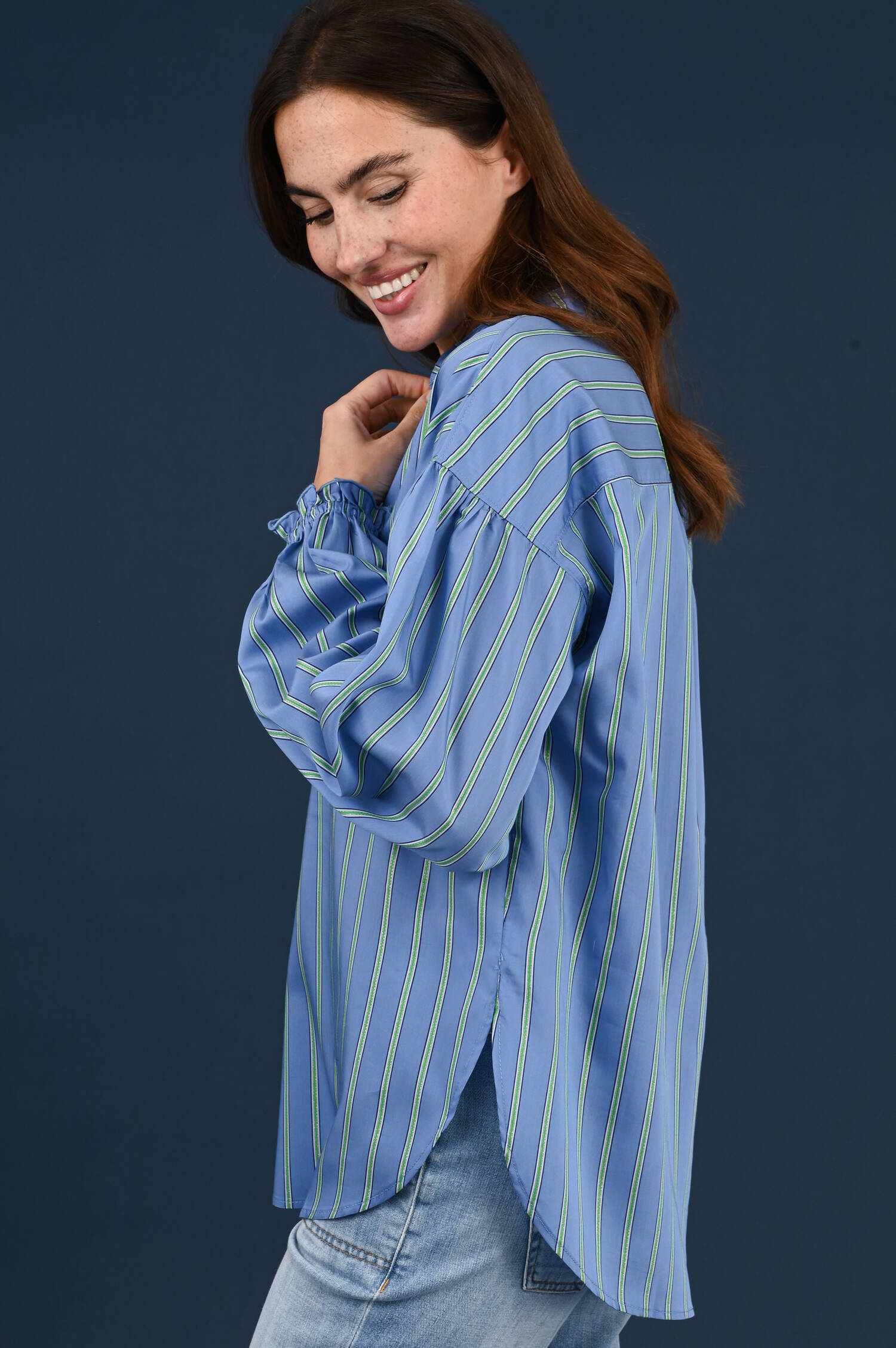 Schlupfbluse in Blau/Grün/Gold