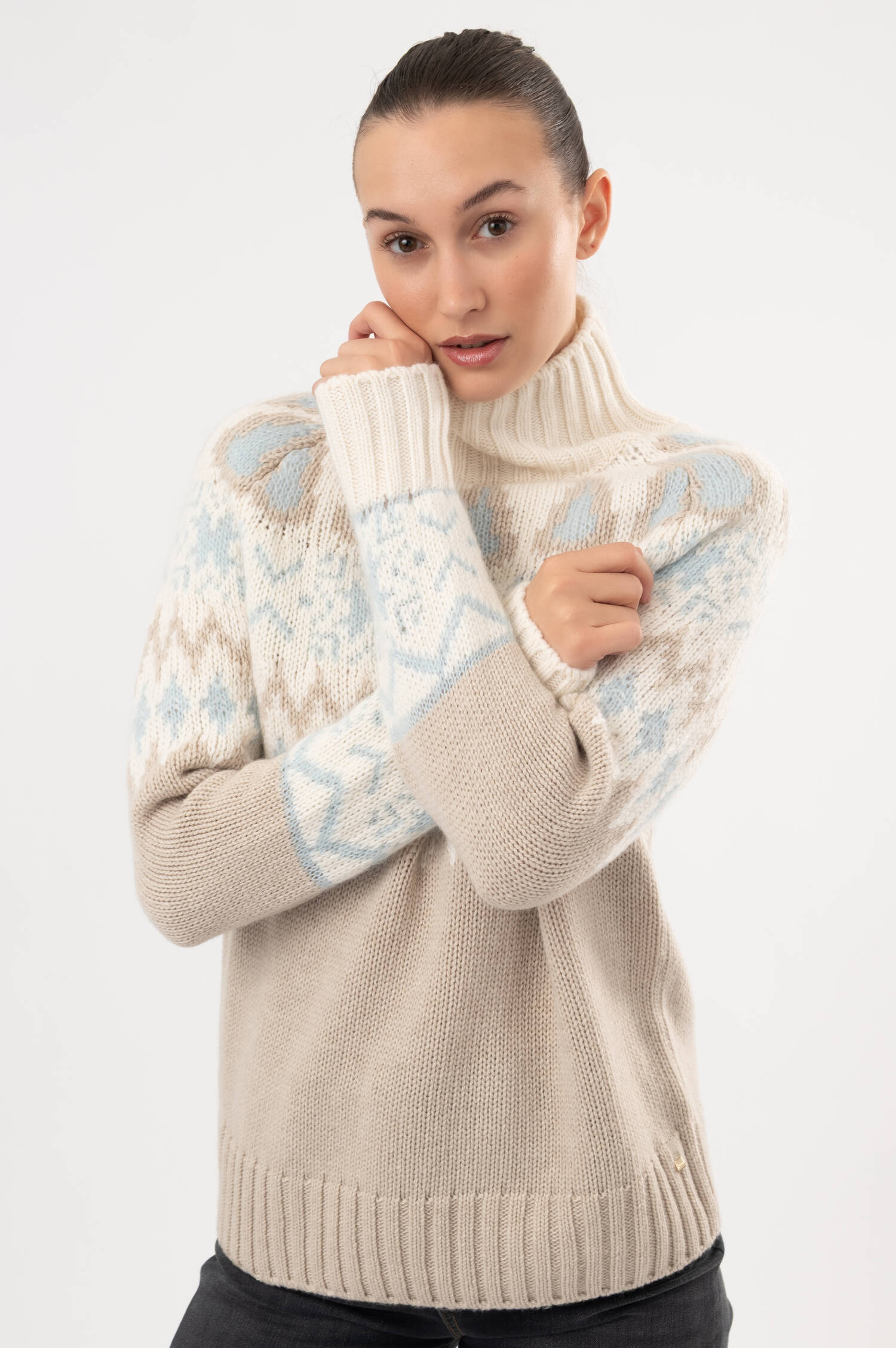 Woll-Cashmere-Pullover mit Norwegermuster in Natur Woll-Cashmere-Pullover mit Norwegermuster in Natur