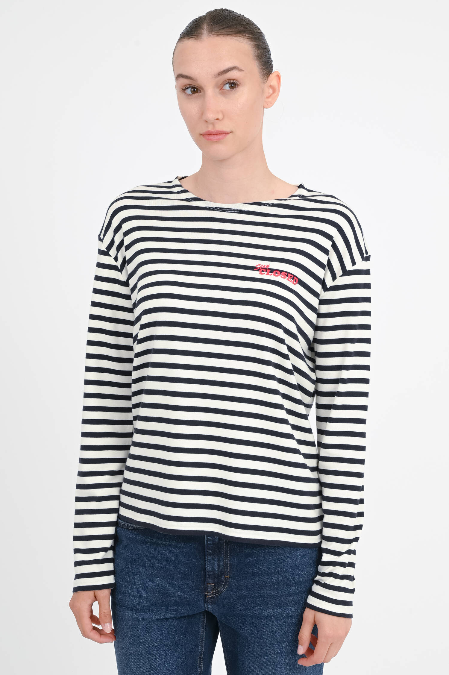 Gestreiftes Langarmshirt STAY CLOSED in Navy/Creme
